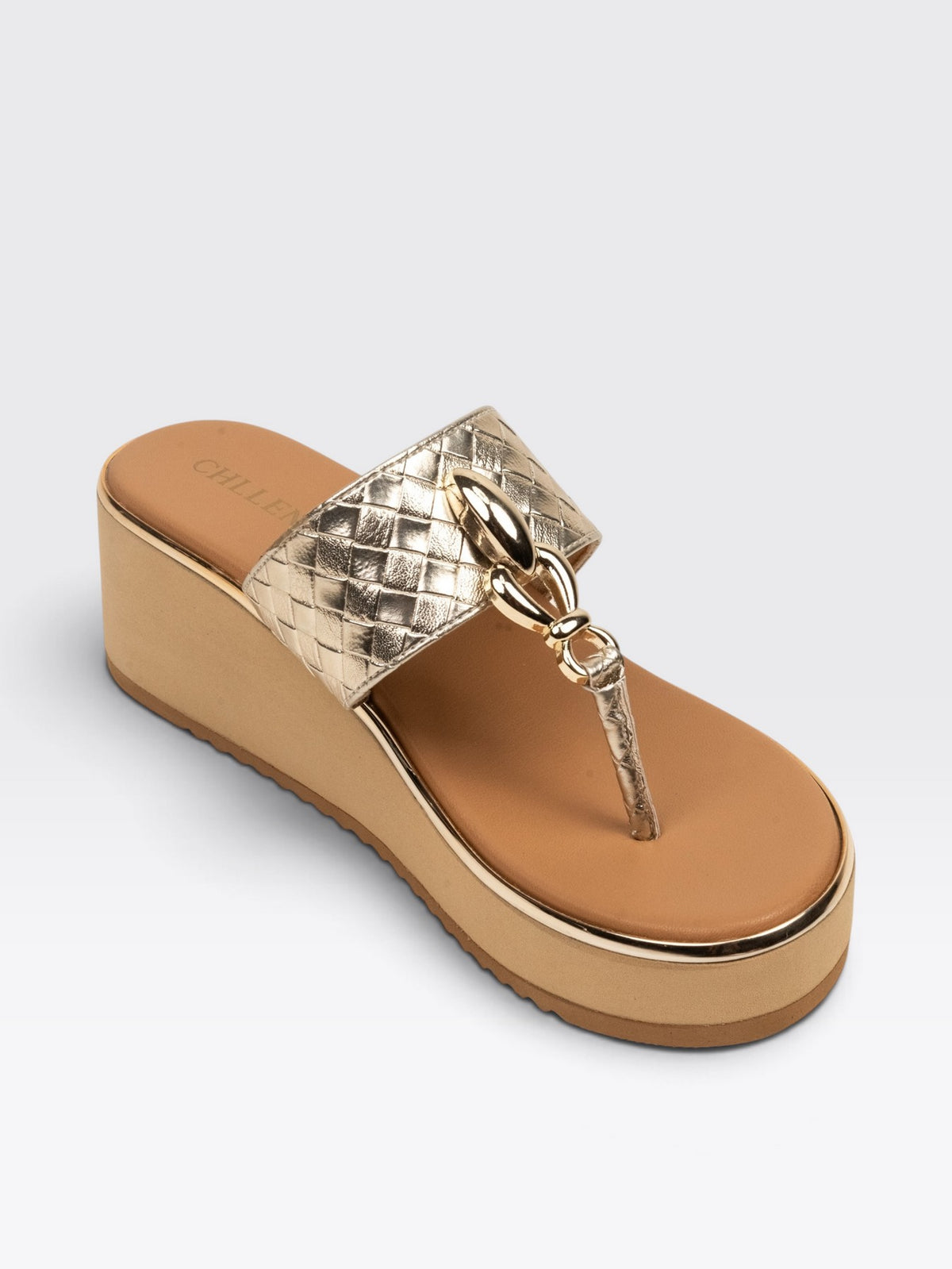 CHLLEN Aurelia Metallic Gold Wedge Sandals