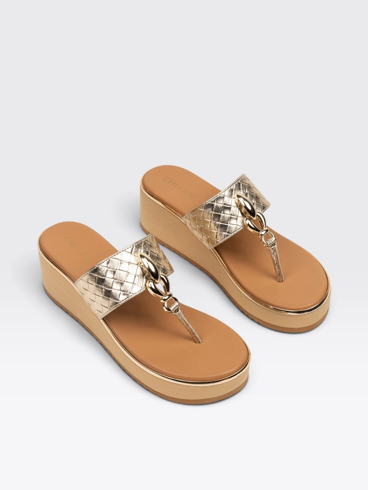 CHLLEN Aurelia Metallic Gold Wedge Sandals
