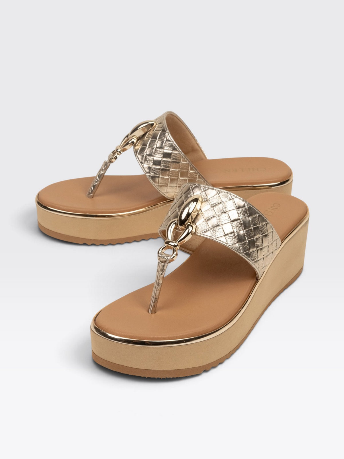 CHLLEN Aurelia Metallic Gold Wedge Sandals