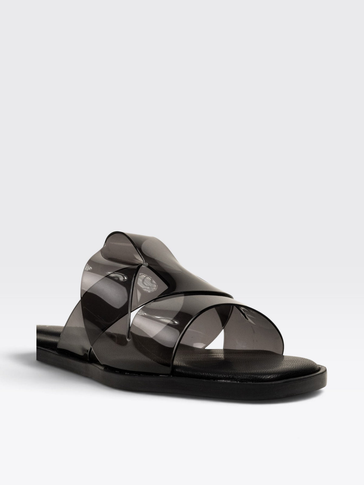 CHLLEN Black Glossy Strap Open Toe Flats