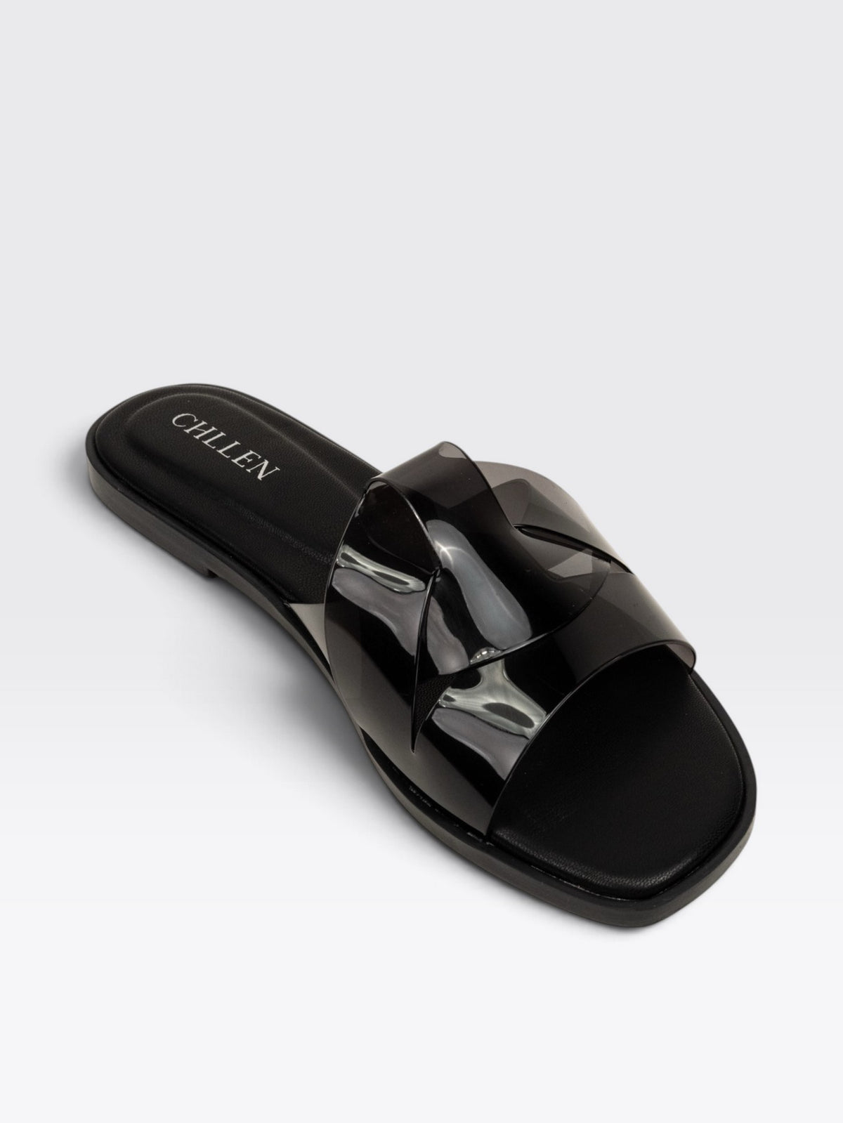 CHLLEN Black Glossy Strap Open Toe Flats