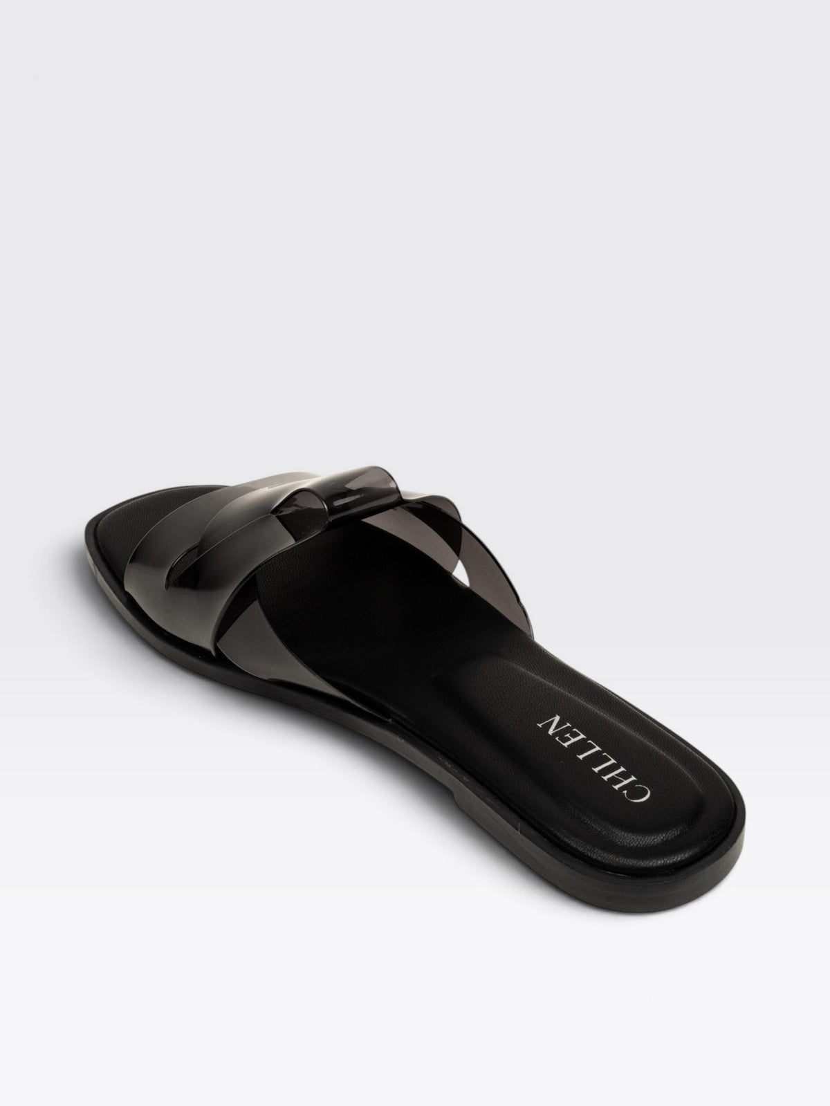 CHLLEN Black Glossy Strap Open Toe Flats