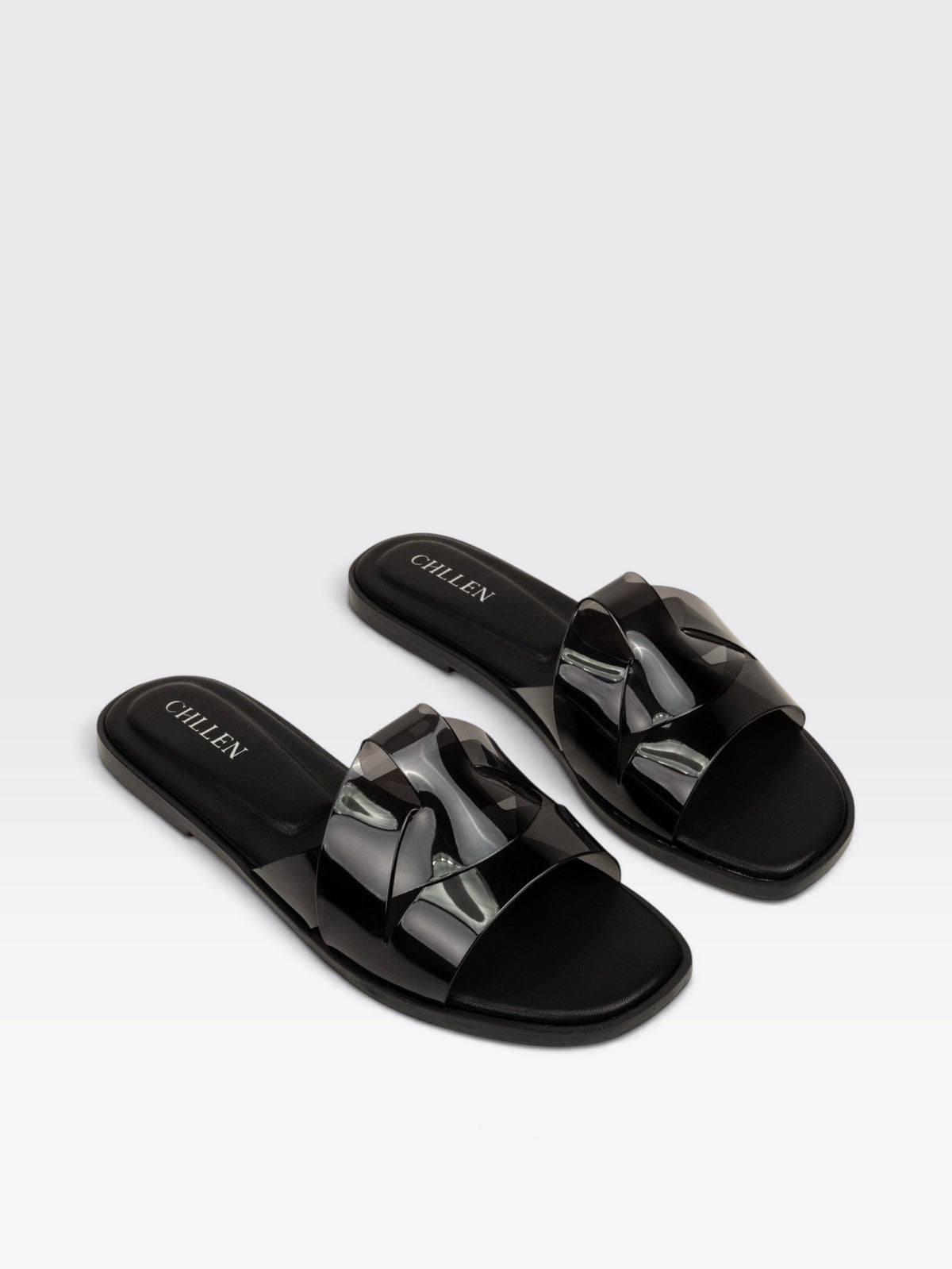 CHLLEN Black Glossy Strap Open Toe Flats