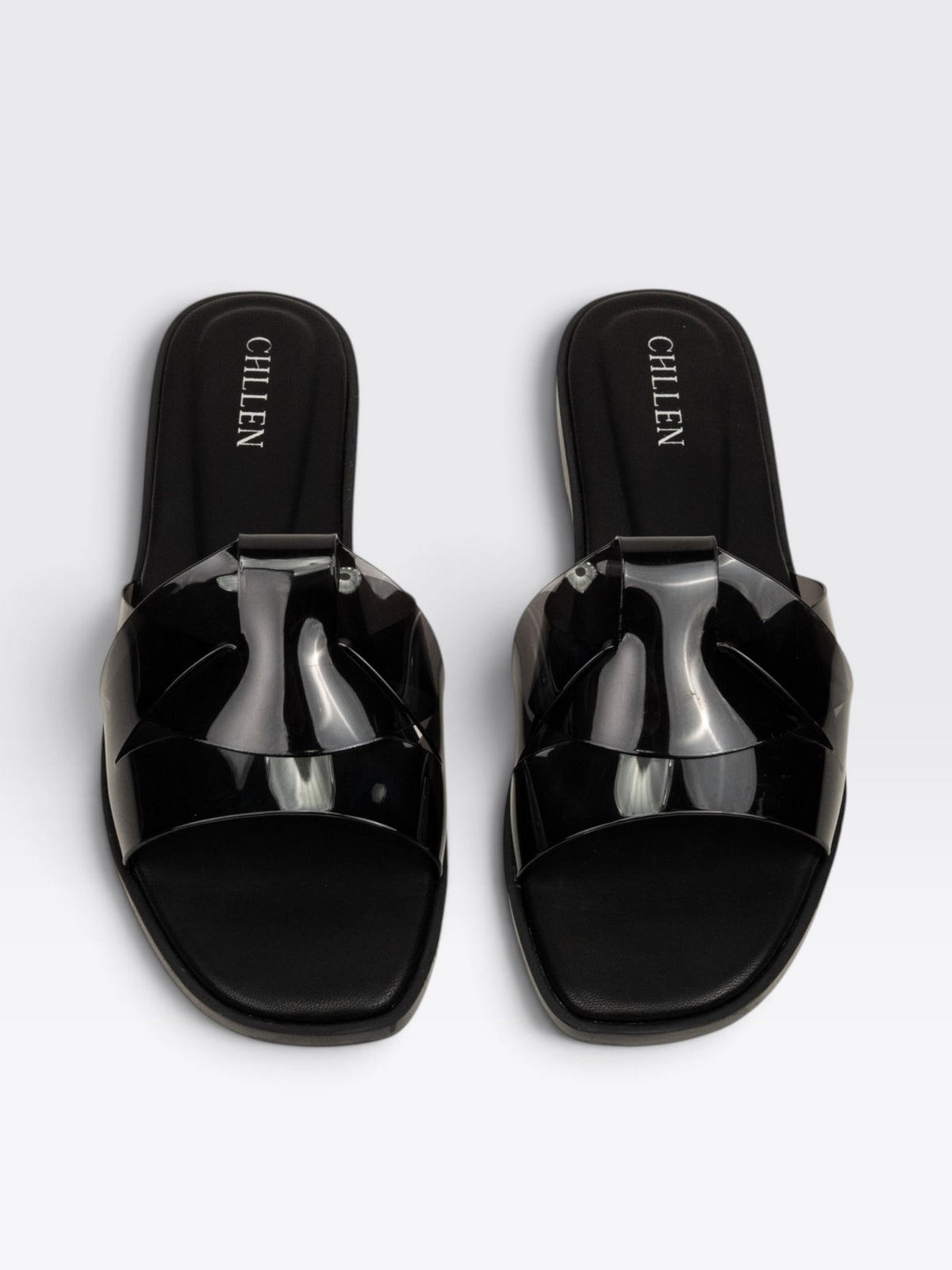 CHLLEN Black Glossy Strap Open Toe Flats