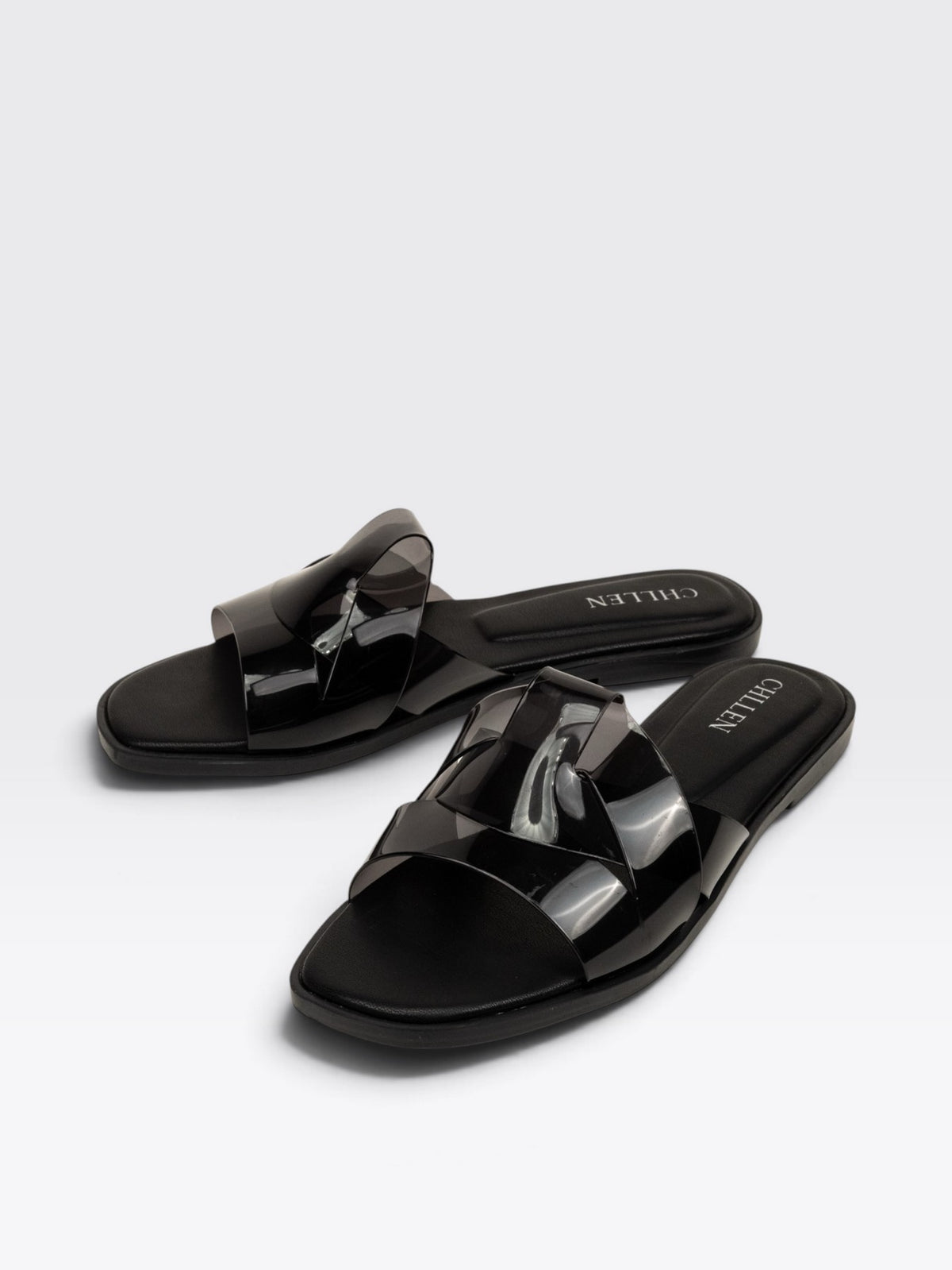 CHLLEN Black Glossy Strap Open Toe Flats