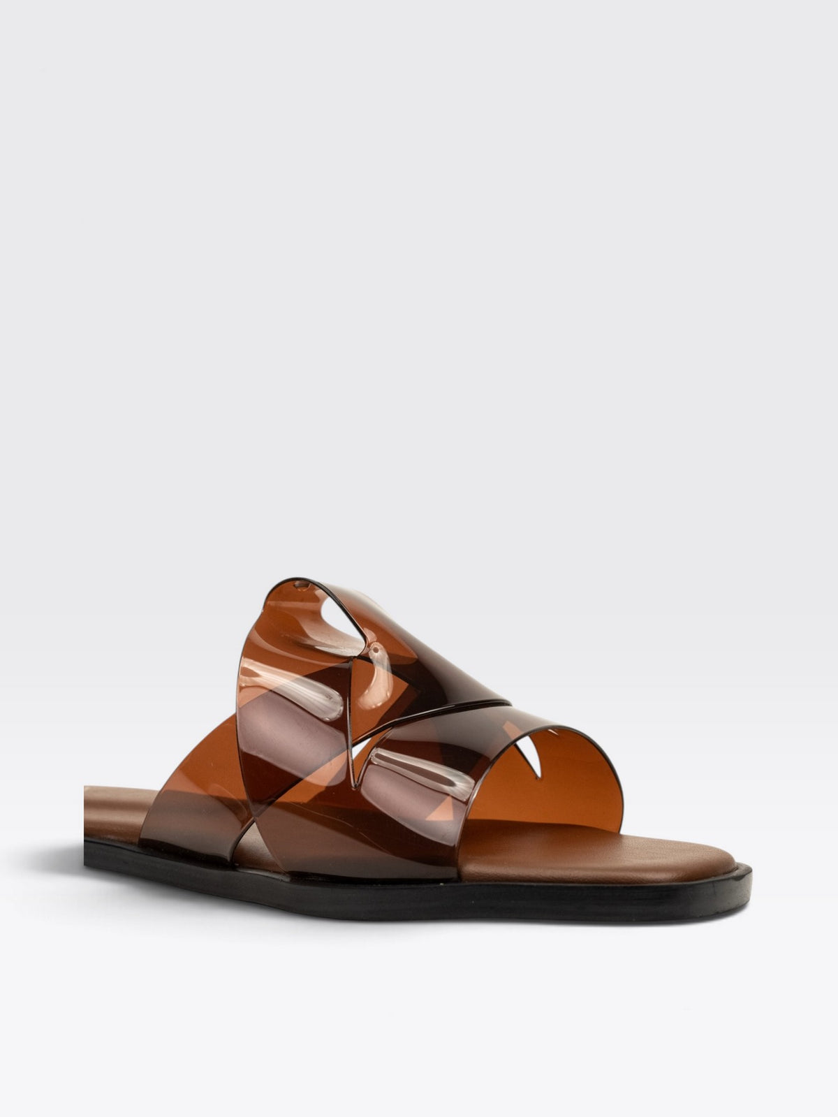 CHLLEN Brown Glossy Strap Open Toe Flats