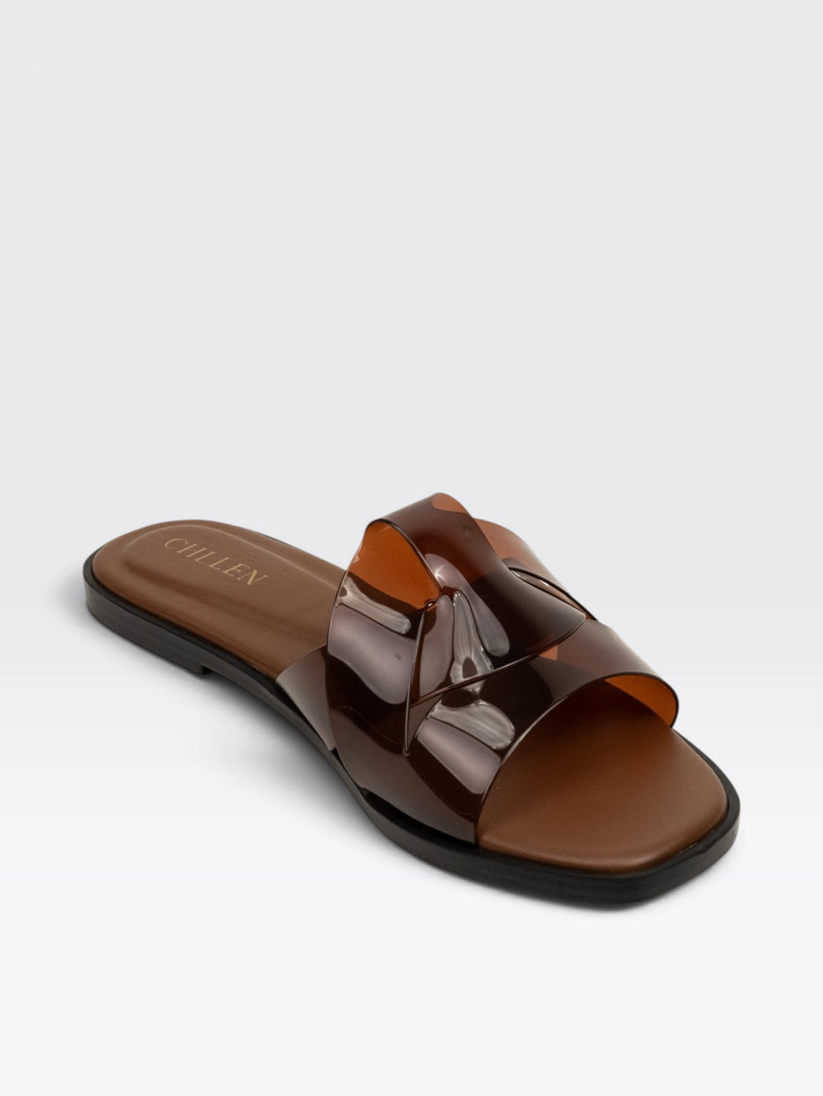CHLLEN Brown Glossy Strap Open Toe Flats
