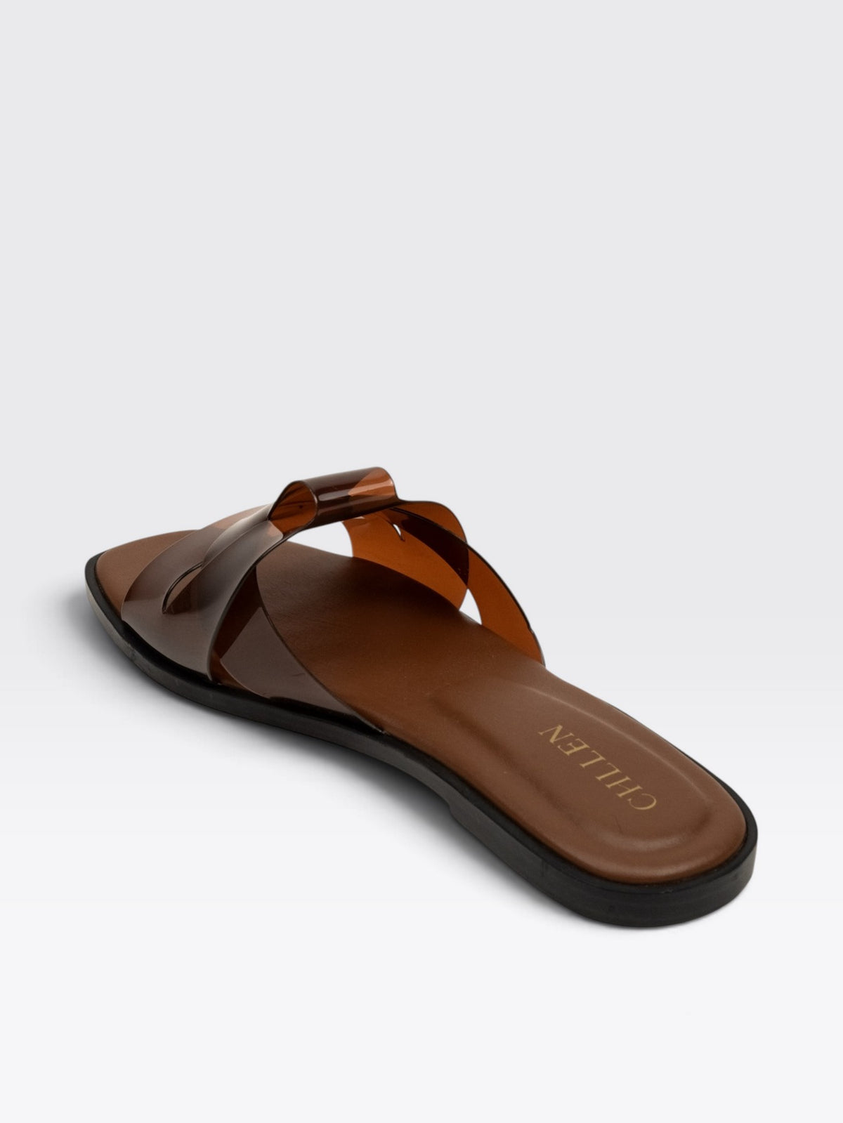 CHLLEN Brown Glossy Strap Open Toe Flats