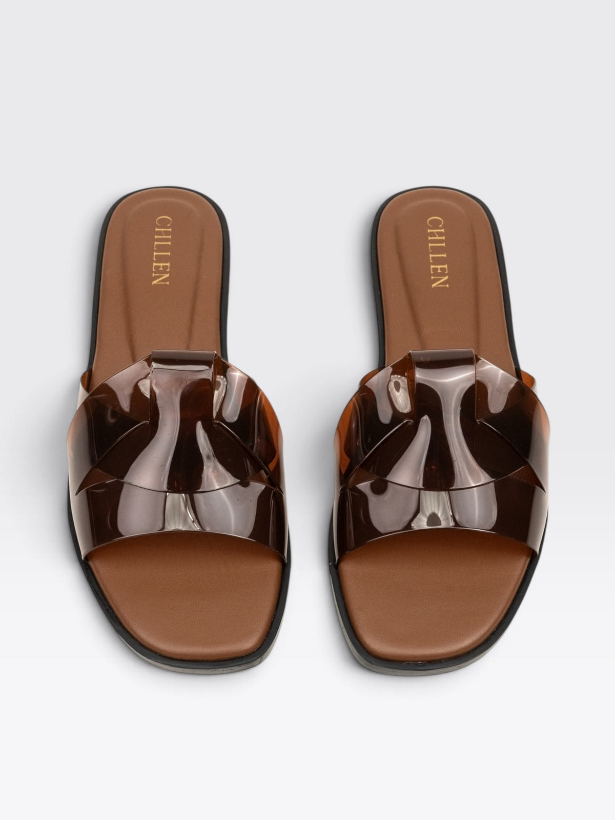CHLLEN Brown Glossy Strap Open Toe Flats