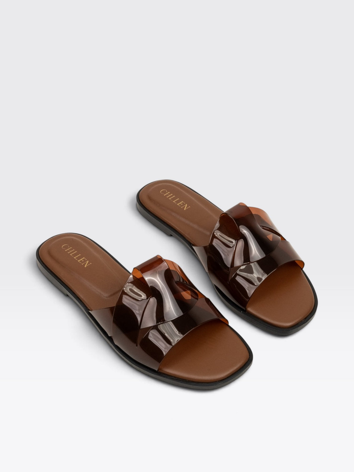 CHLLEN Brown Glossy Strap Open Toe Flats