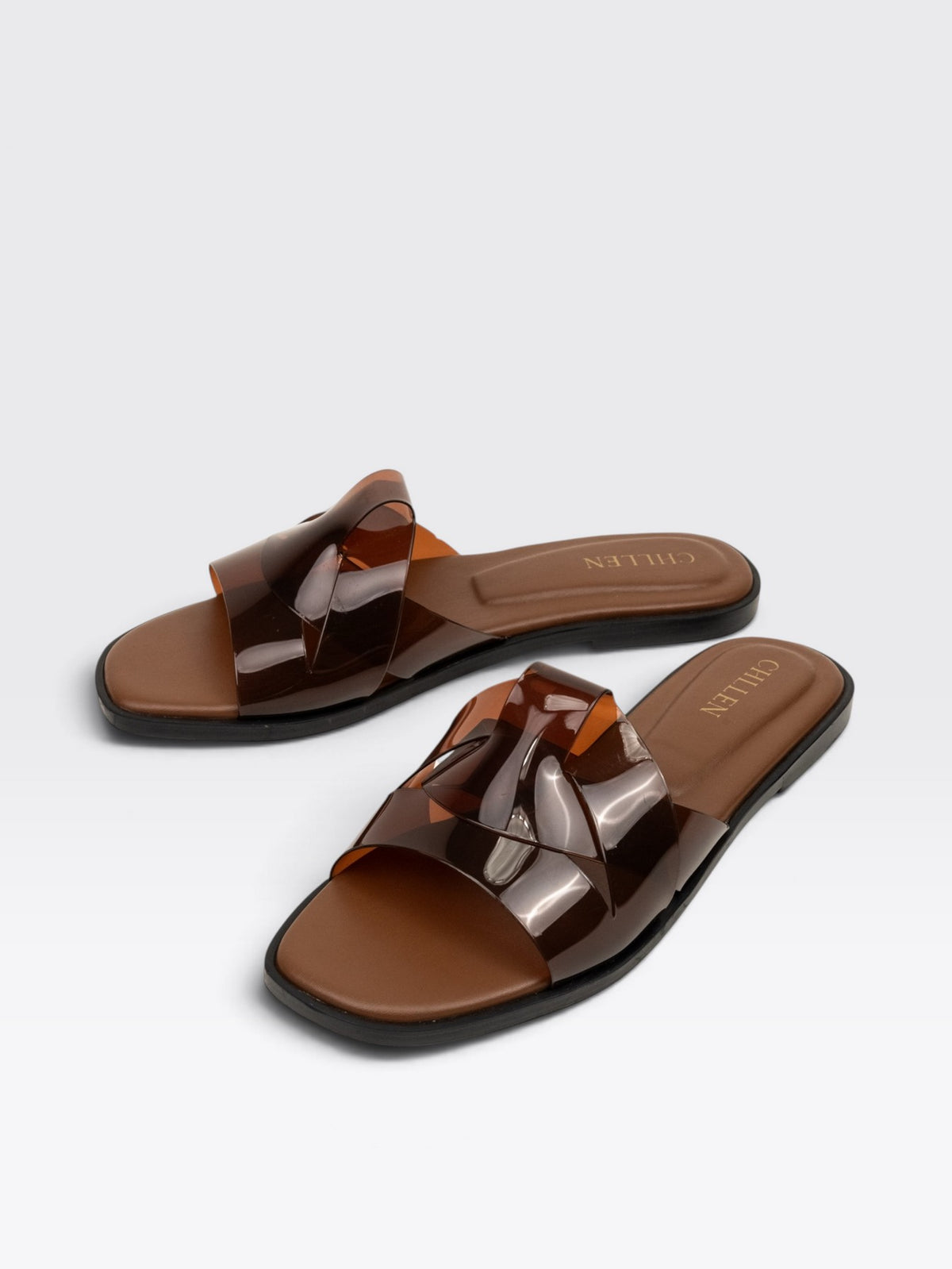 CHLLEN Brown Glossy Strap Open Toe Flats
