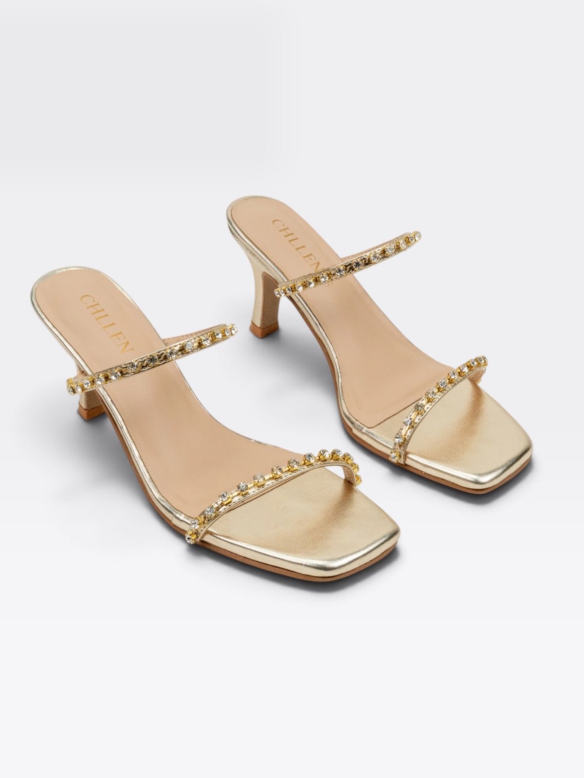 CHLLEN Gold Crystal Embellished Stiletto Heels