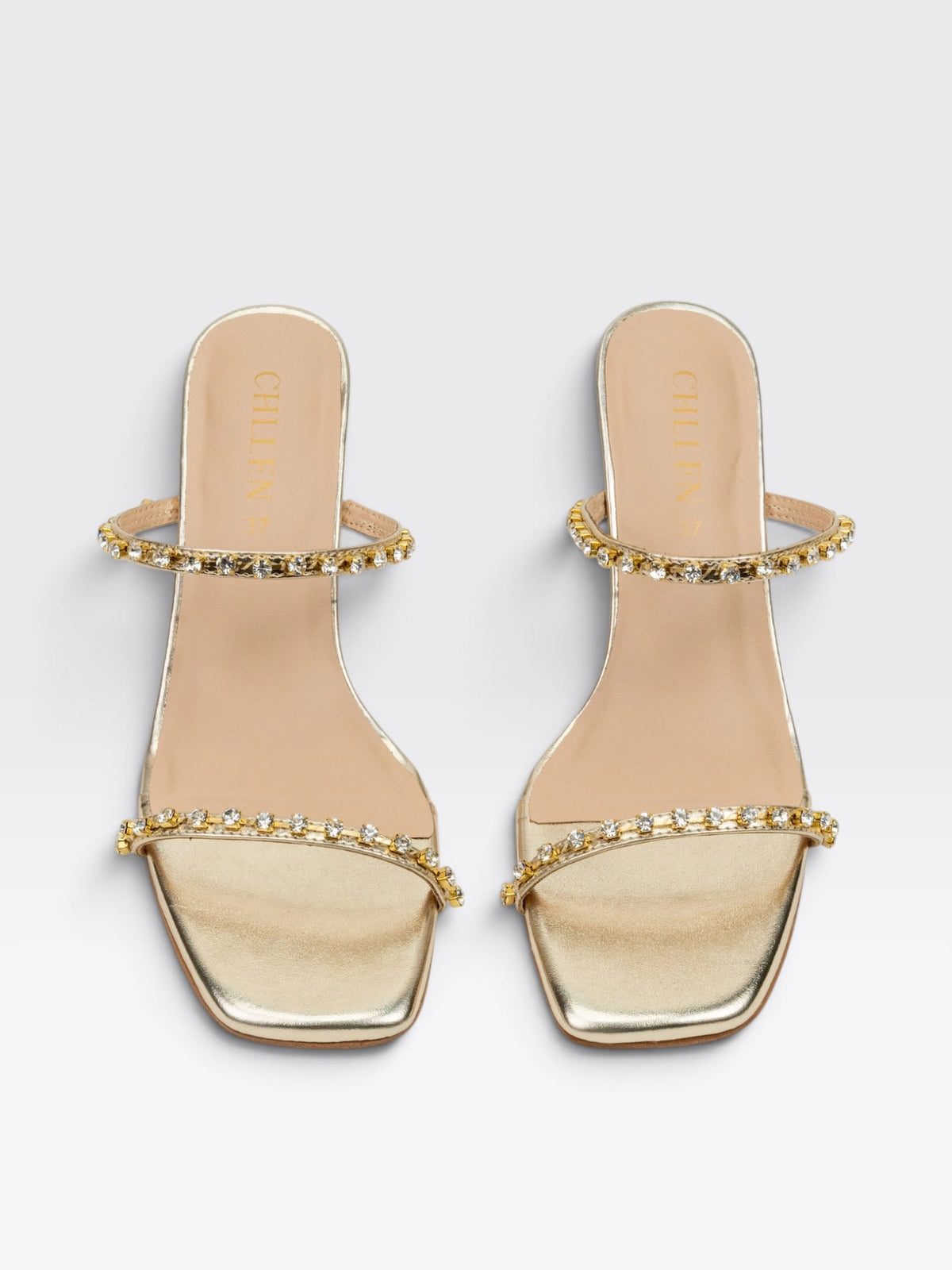 CHLLEN Gold Crystal Embellished Stiletto Heels