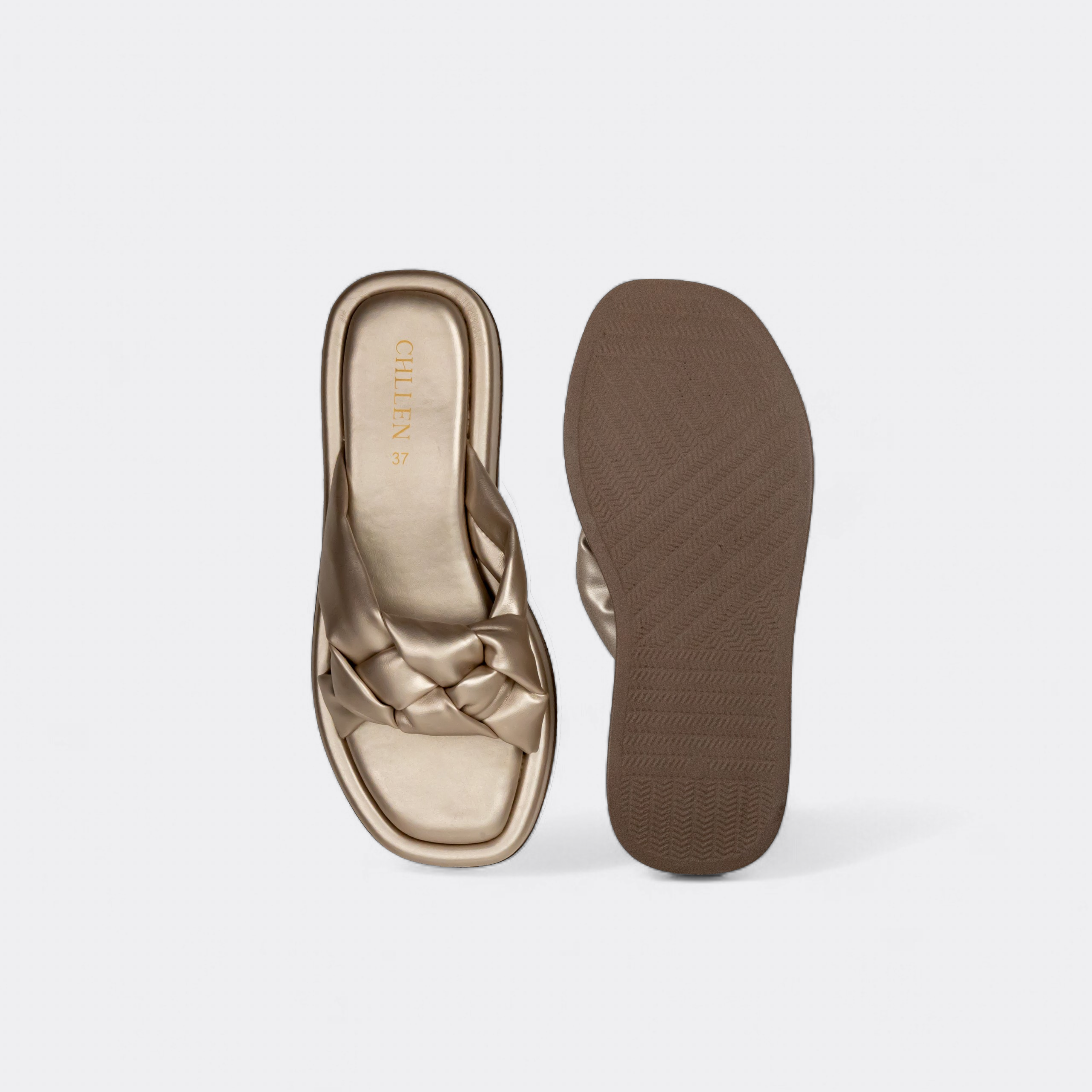 CHLLEN Champagne Metallic Braided Comfort Slides