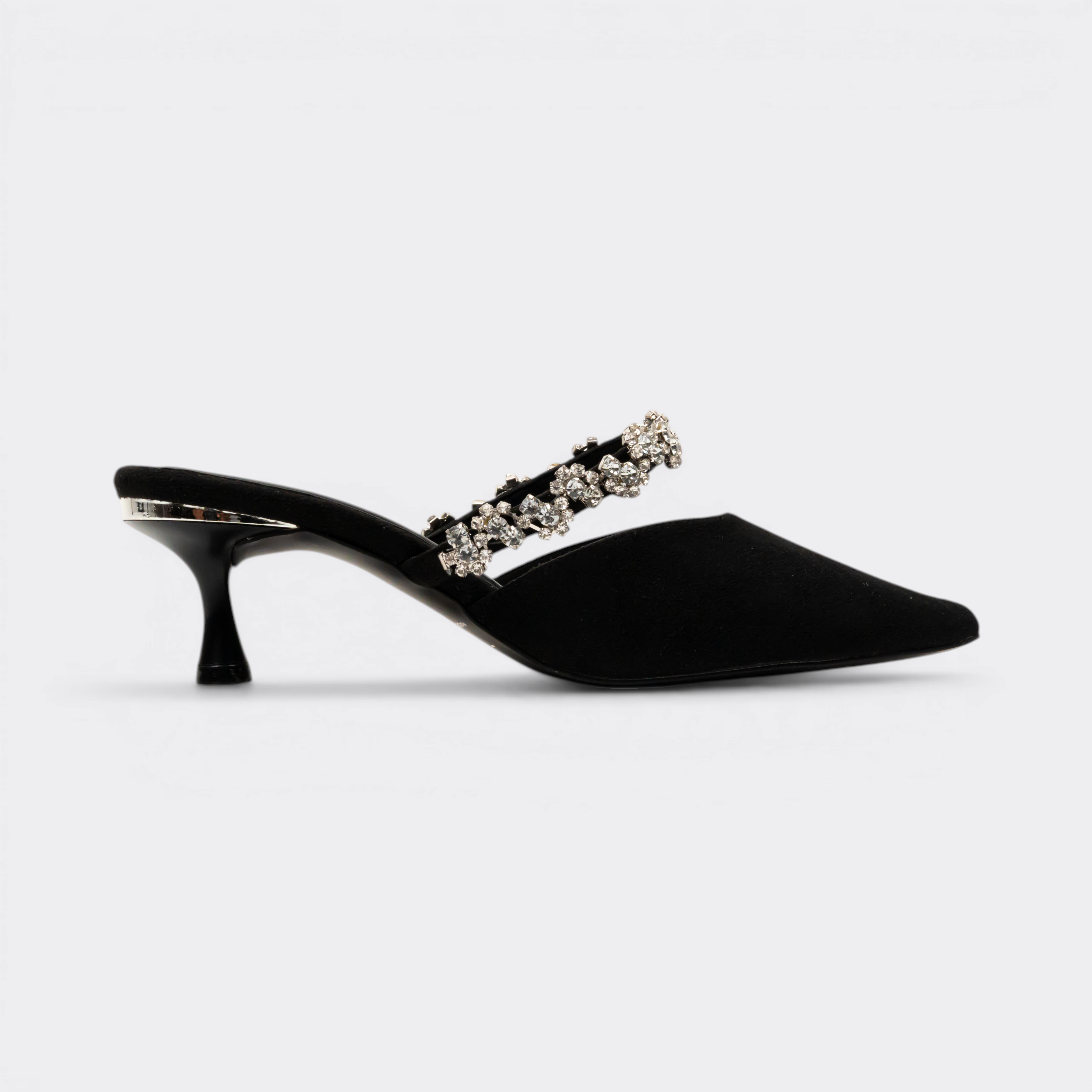 CHLLEN Noir Crystal Strap Pointed Mule Flats