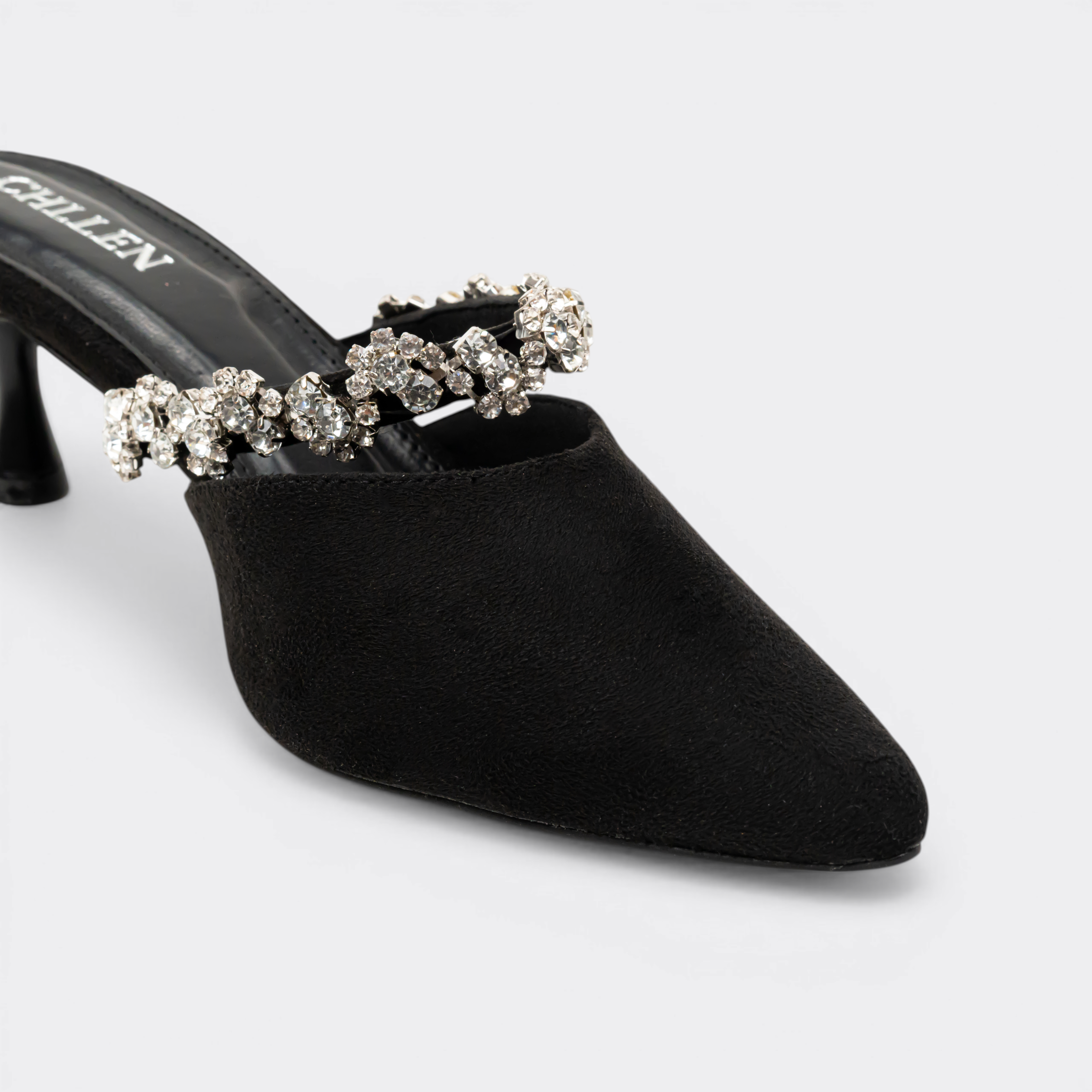 CHLLEN Noir Crystal Strap Pointed Mule Flats