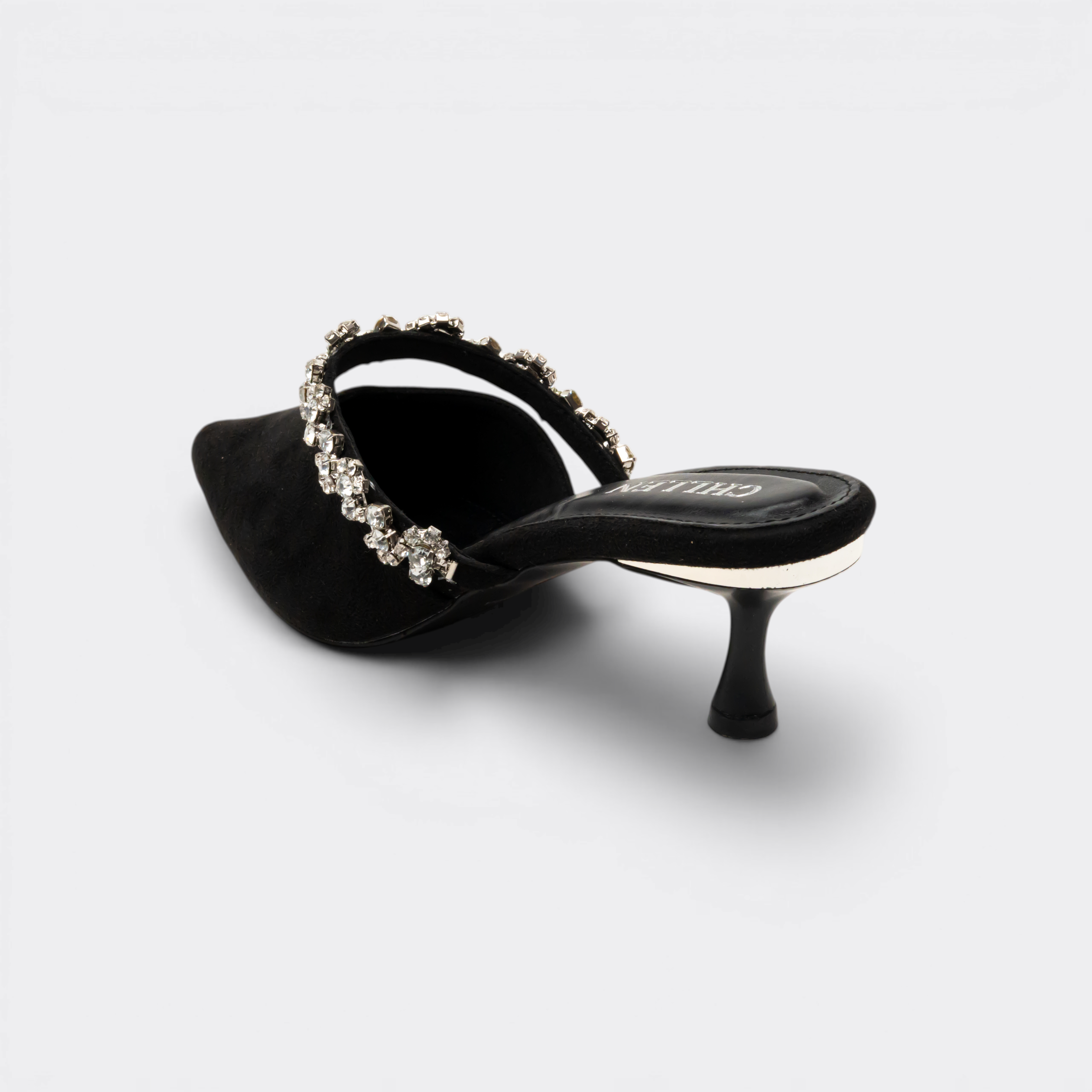 CHLLEN Noir Crystal Strap Pointed Mule Flats
