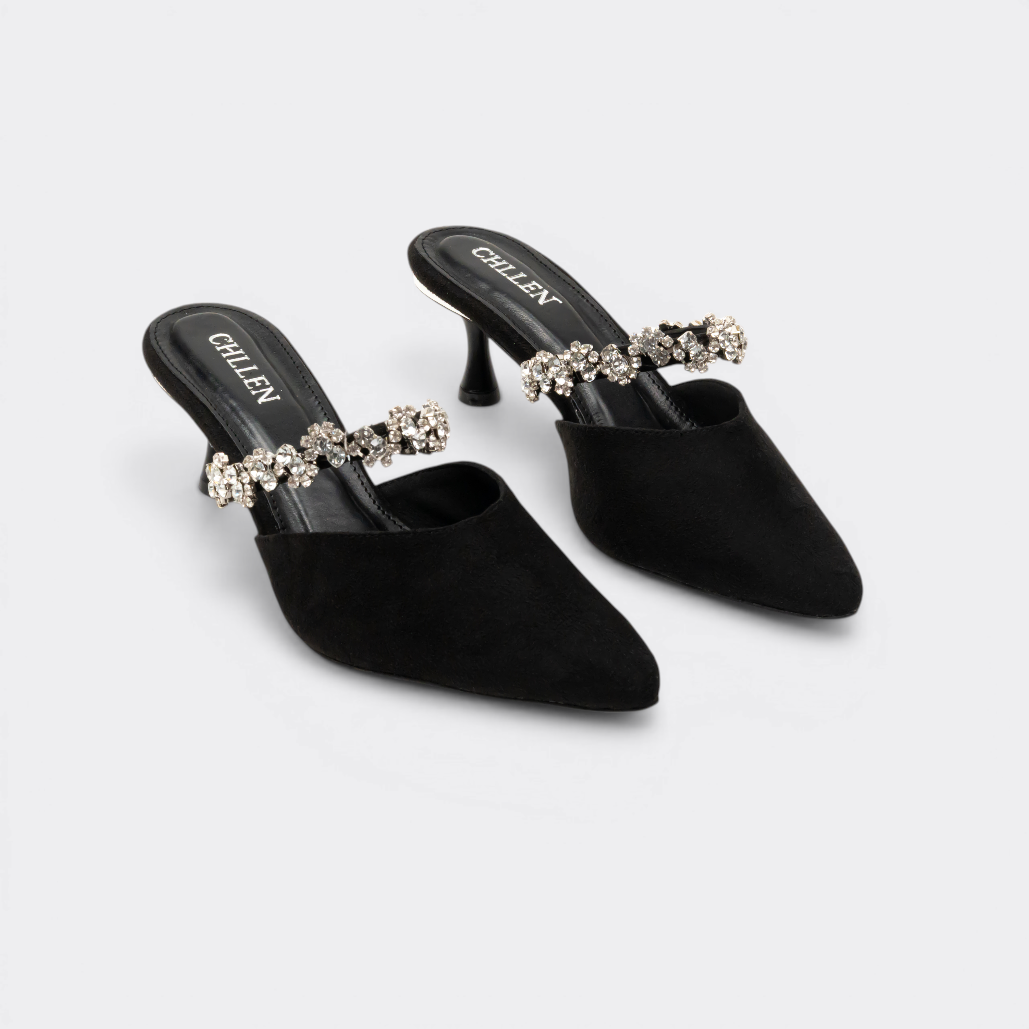 CHLLEN Noir Crystal Strap Pointed Mule Flats