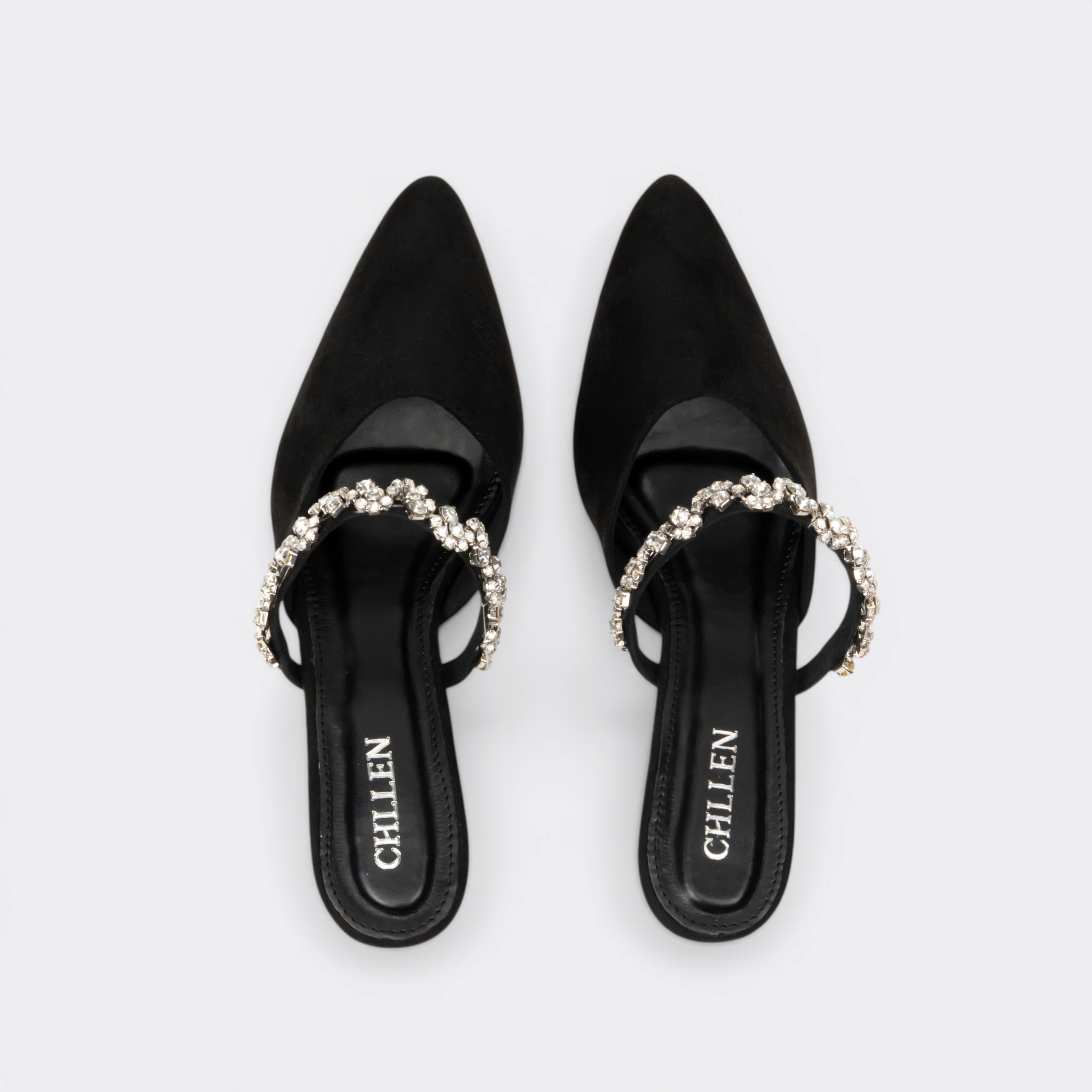 CHLLEN Noir Crystal Strap Pointed Mule Flats