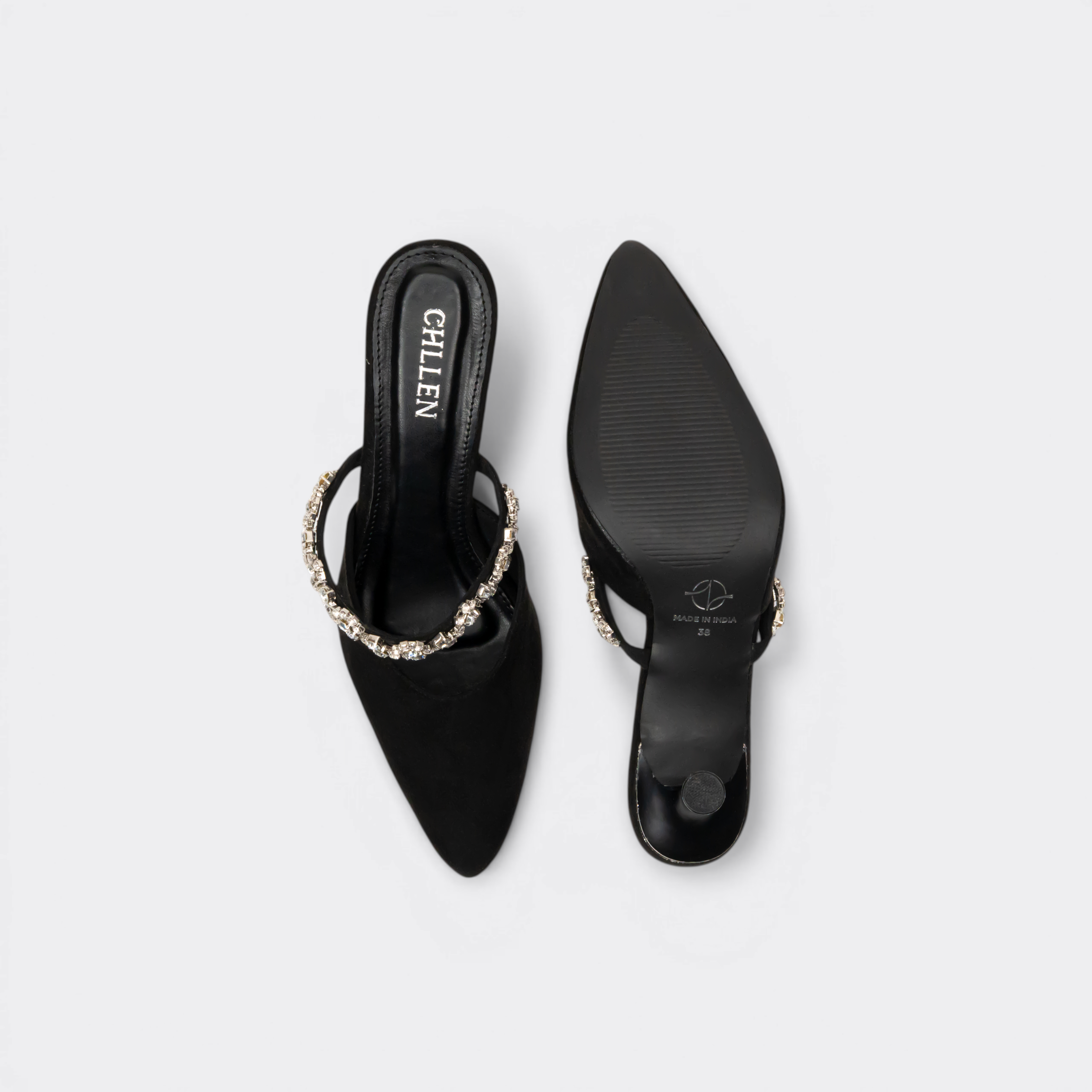 CHLLEN Noir Crystal Strap Pointed Mule Flats