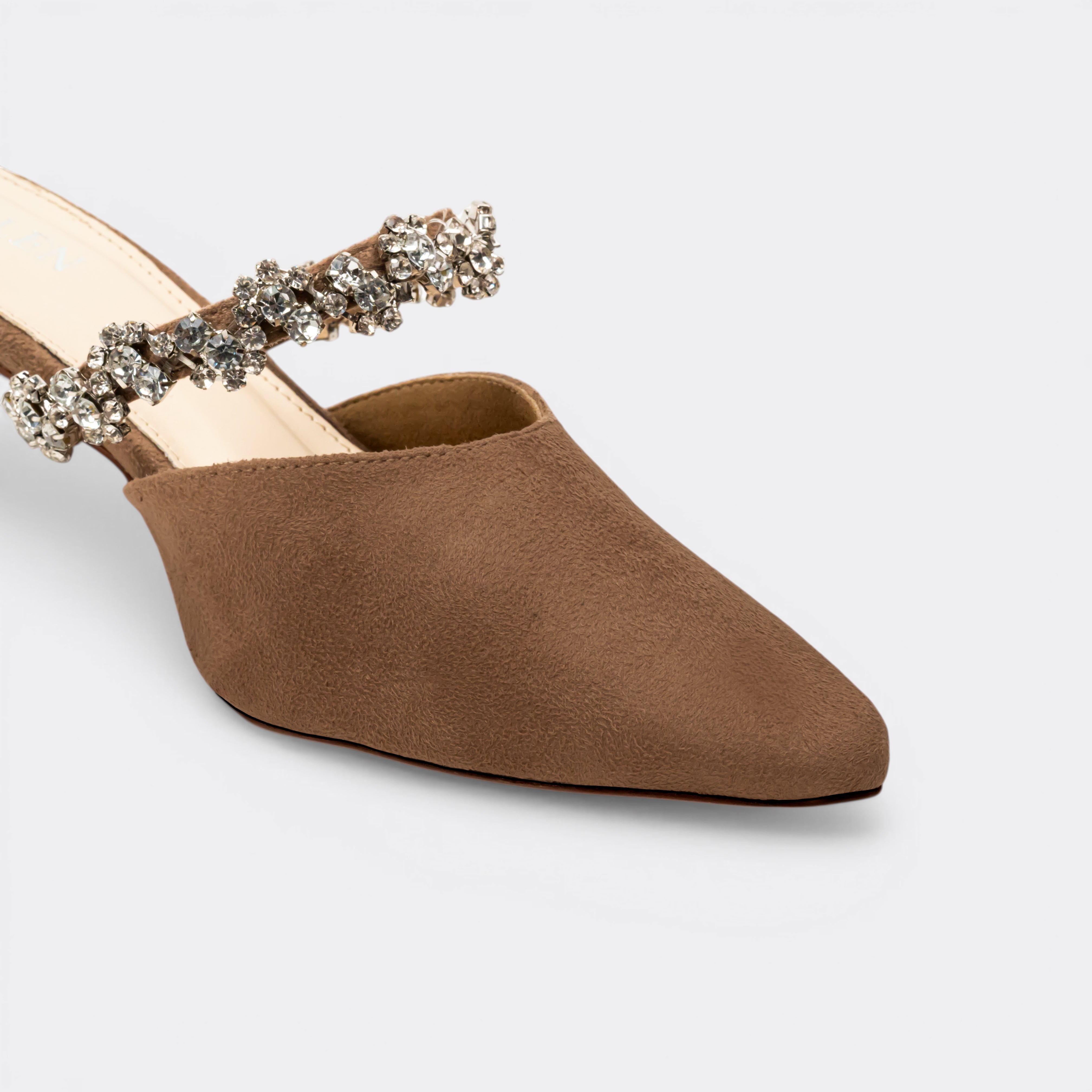 CHLLEN Cocoa Crystal Strap Pointed Mule Flats