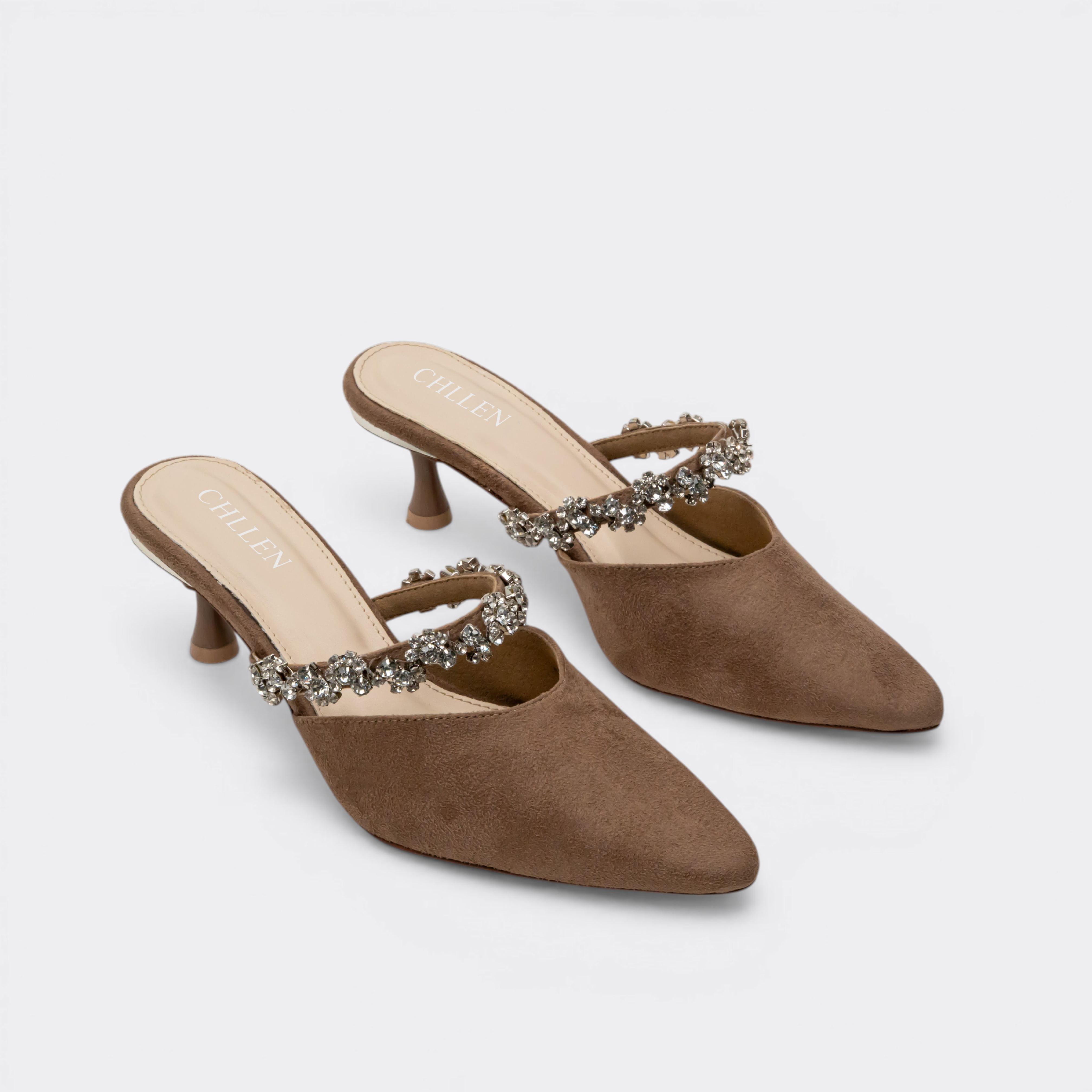 CHLLEN Cocoa Crystal Strap Pointed Mule Flats