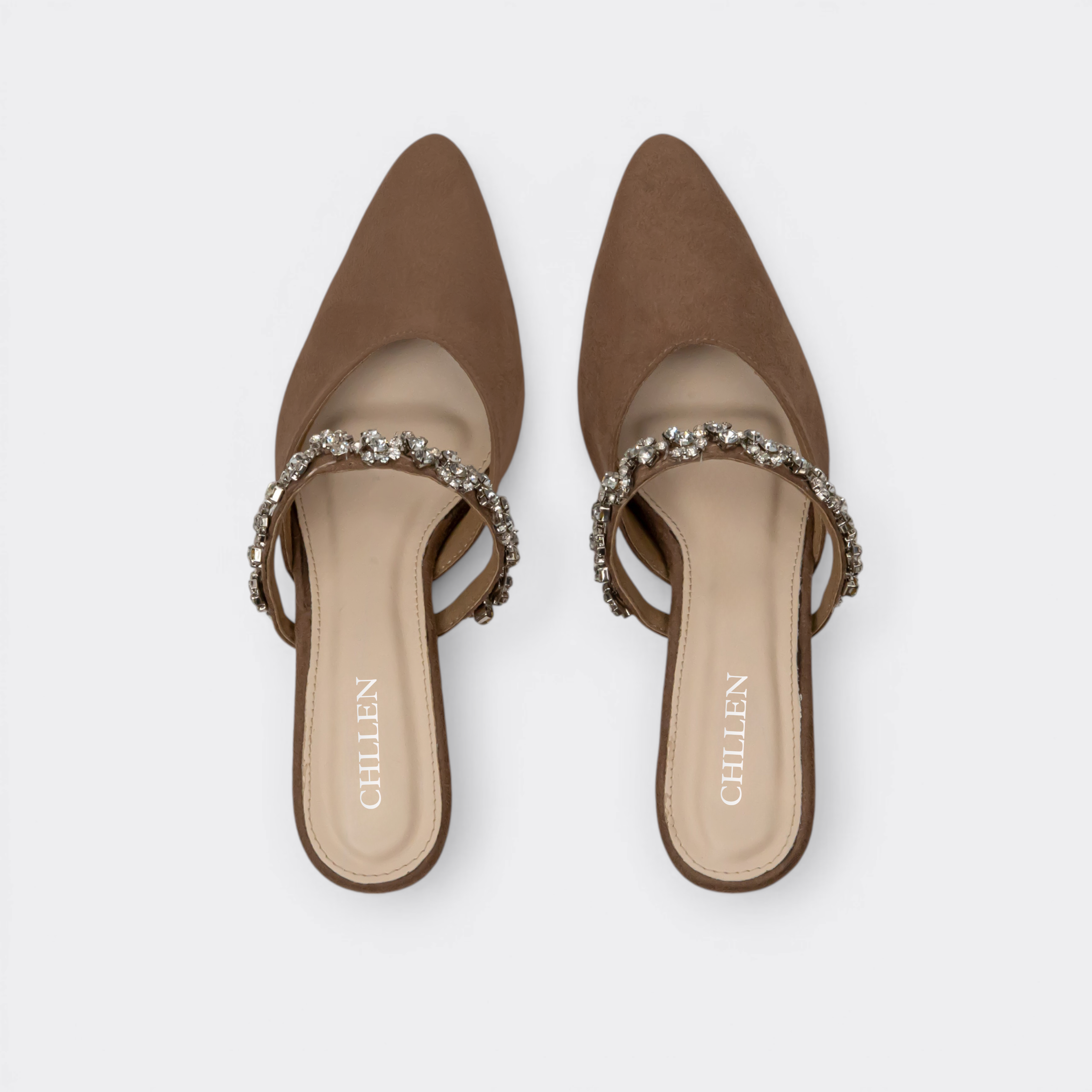 CHLLEN Cocoa Crystal Strap Pointed Mule Flats