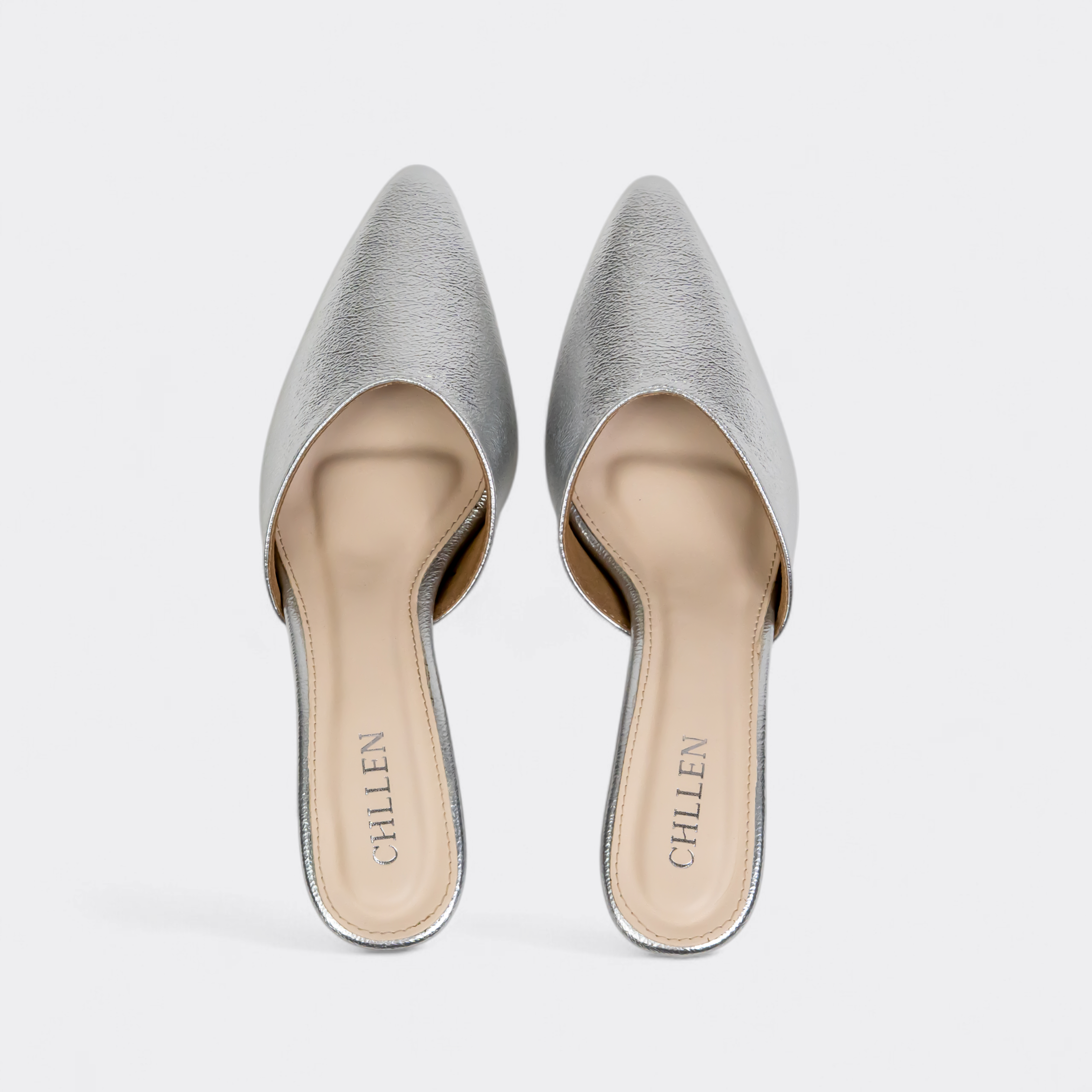 CHLLEN Silver Luxe Pointed Mule Flats