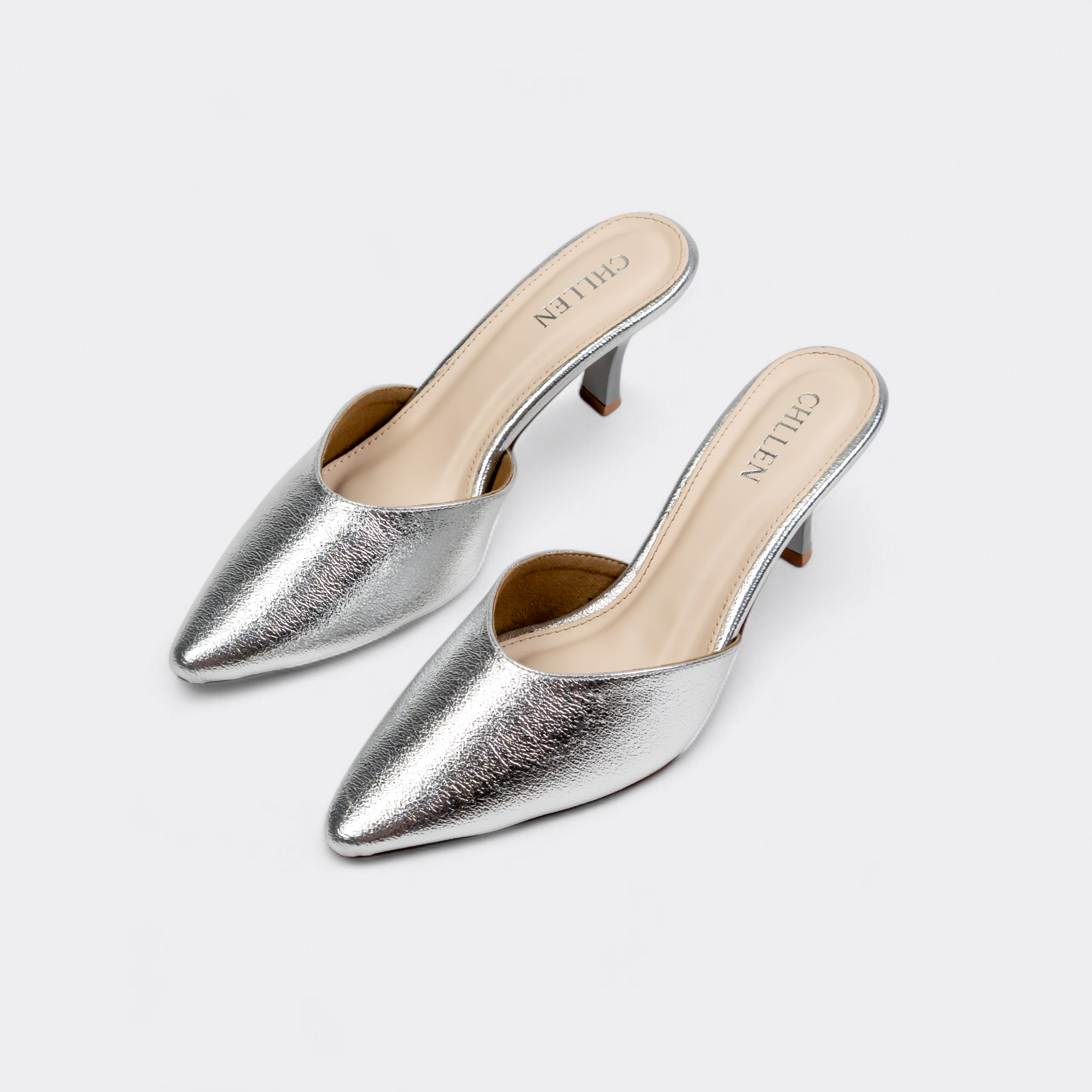 CHLLEN Silver Luxe Pointed Mule Flats