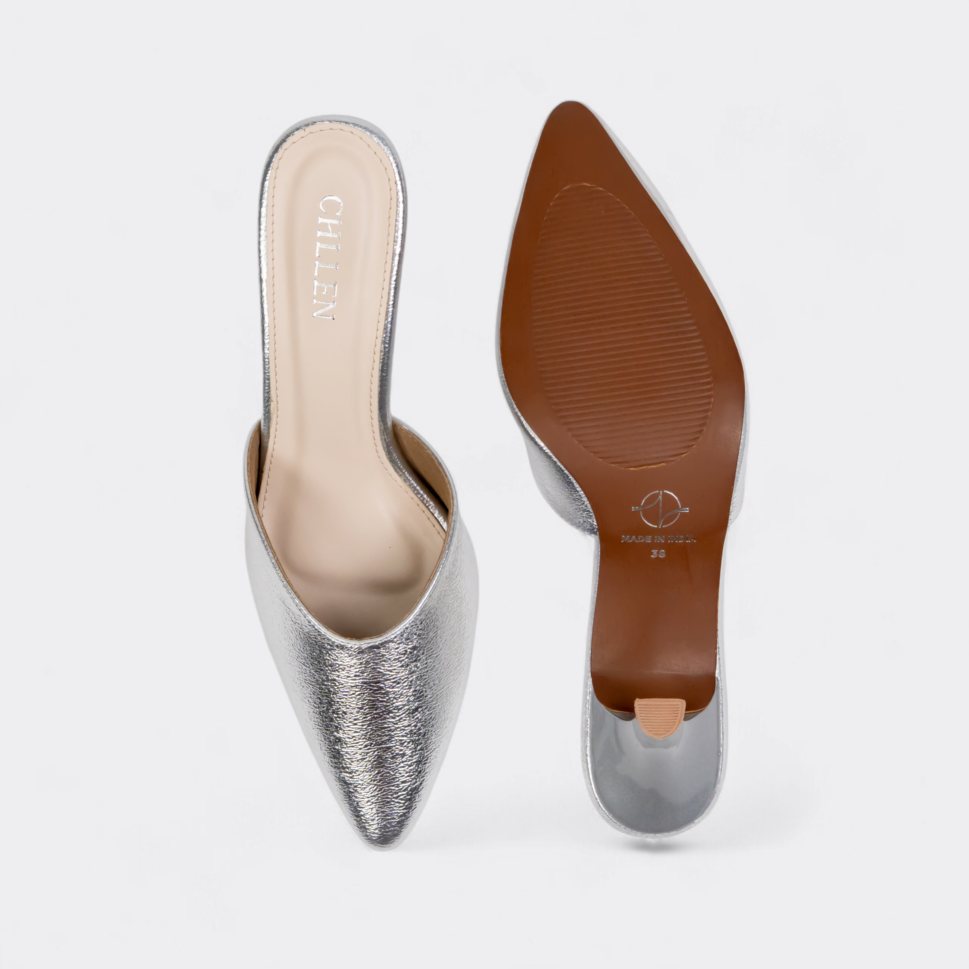 CHLLEN Silver Luxe Pointed Mule Flats