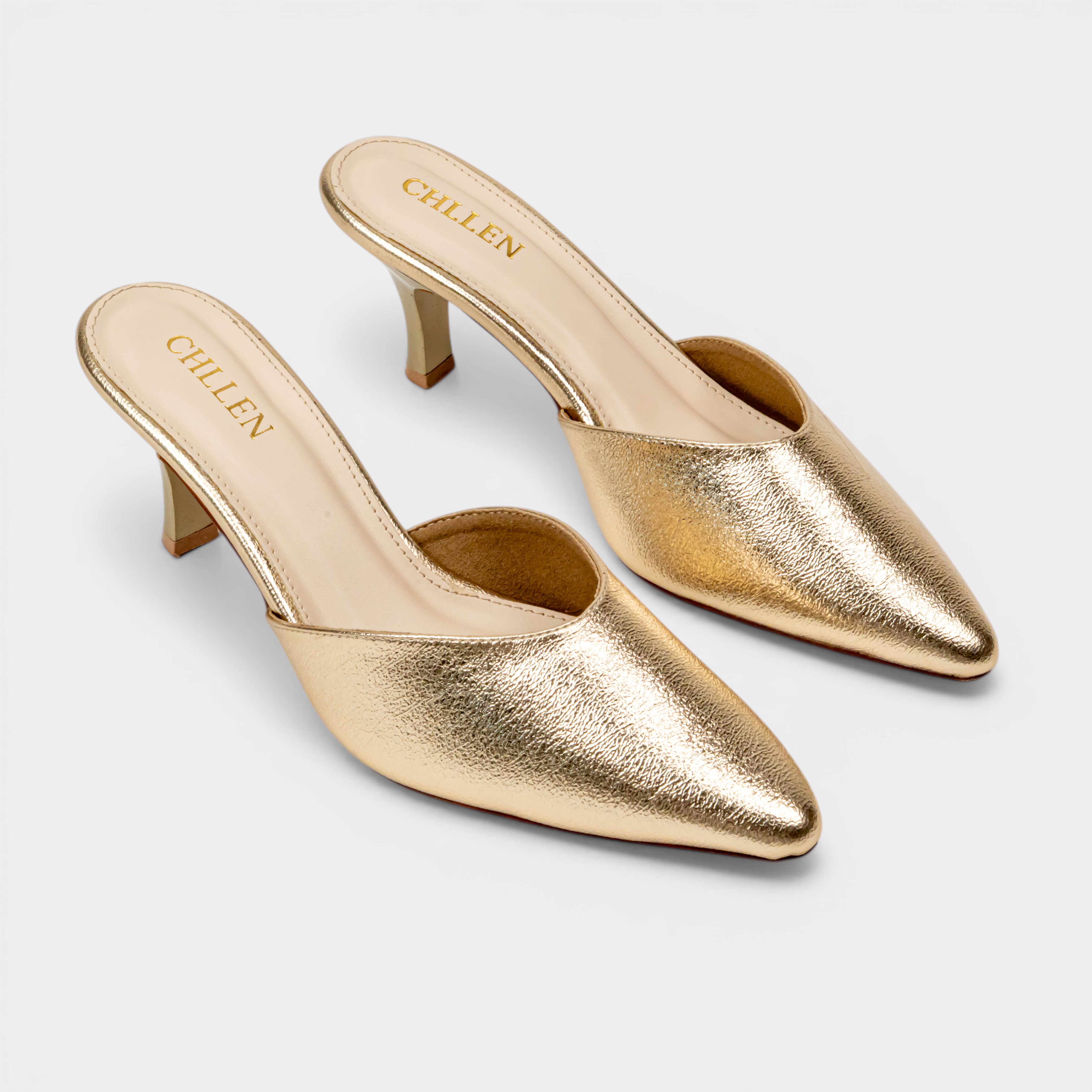 CHLLEN Gold Luxe Pointed Mule Flats