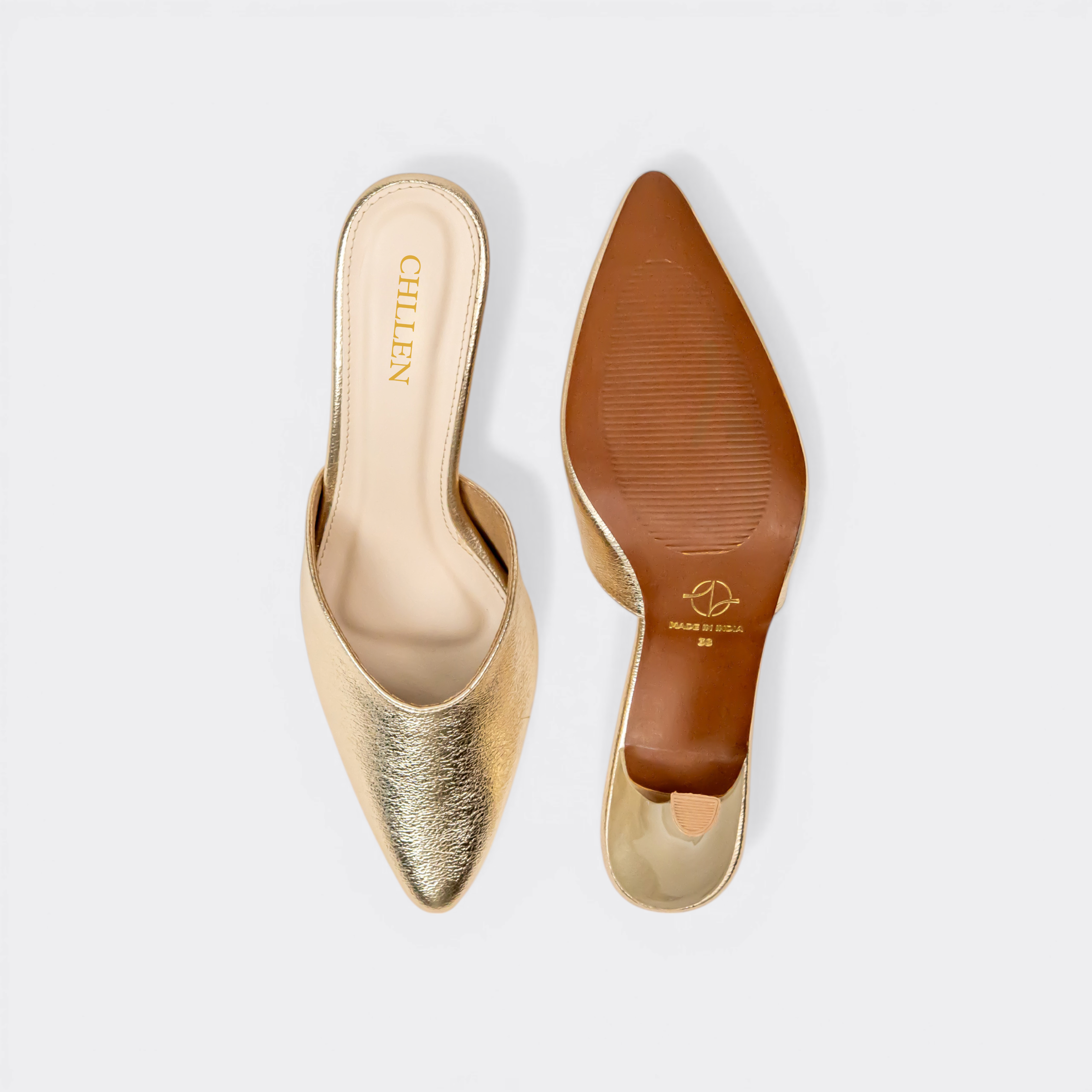 CHLLEN Gold Luxe Pointed Mule Flats