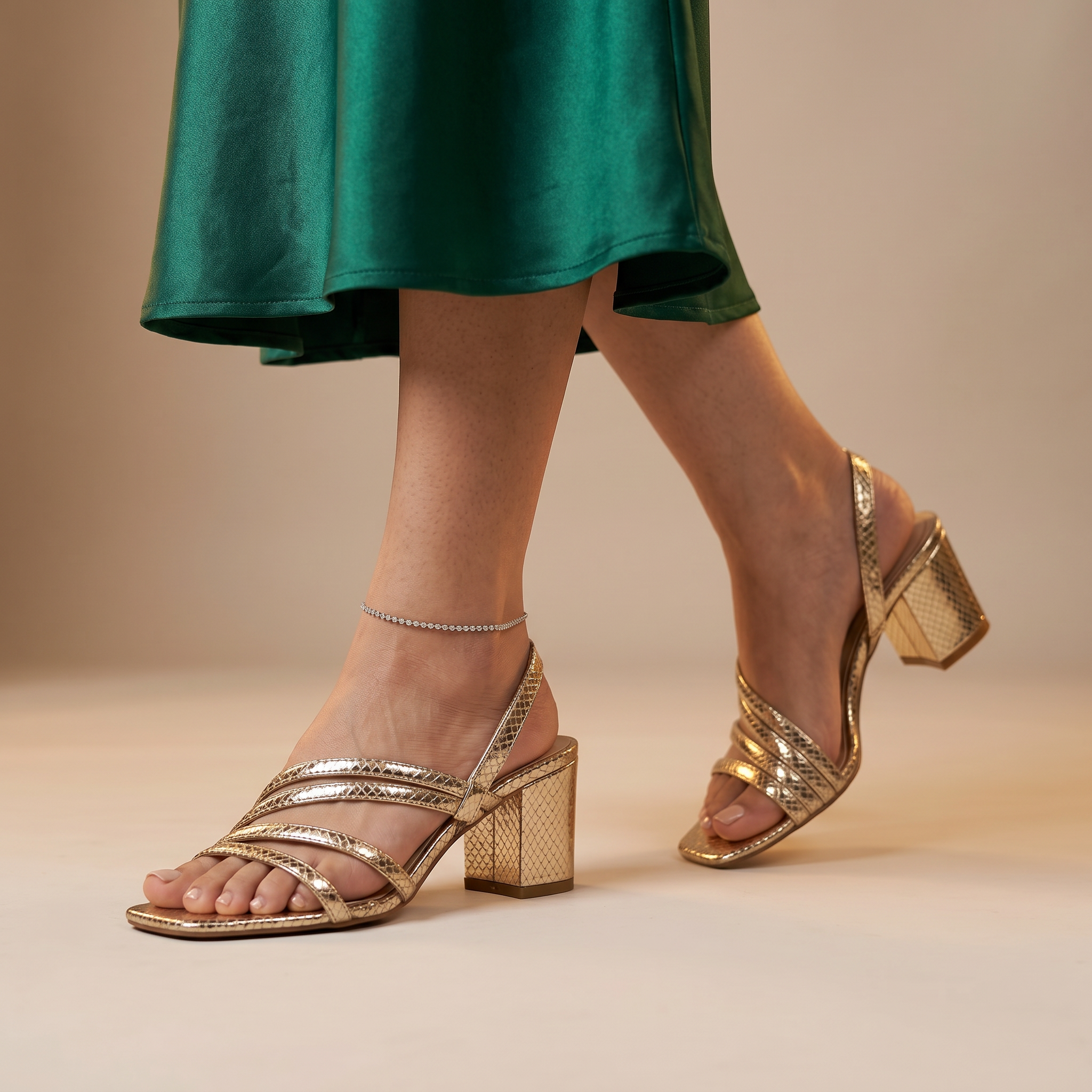 CHLLEN Gold Multi-Strap Slingback Block Heels
