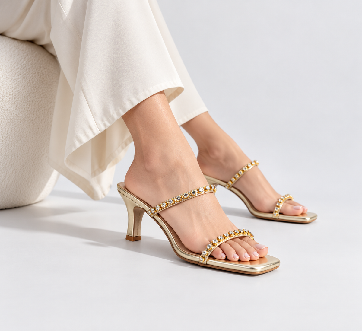 CHLLEN Gold Crystal Embellished Stiletto Heels