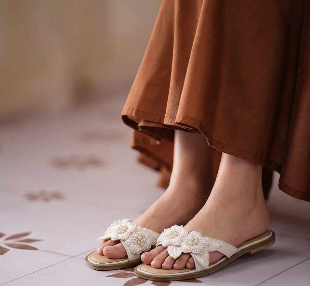 CHLLEN white Floral Embellished Flats