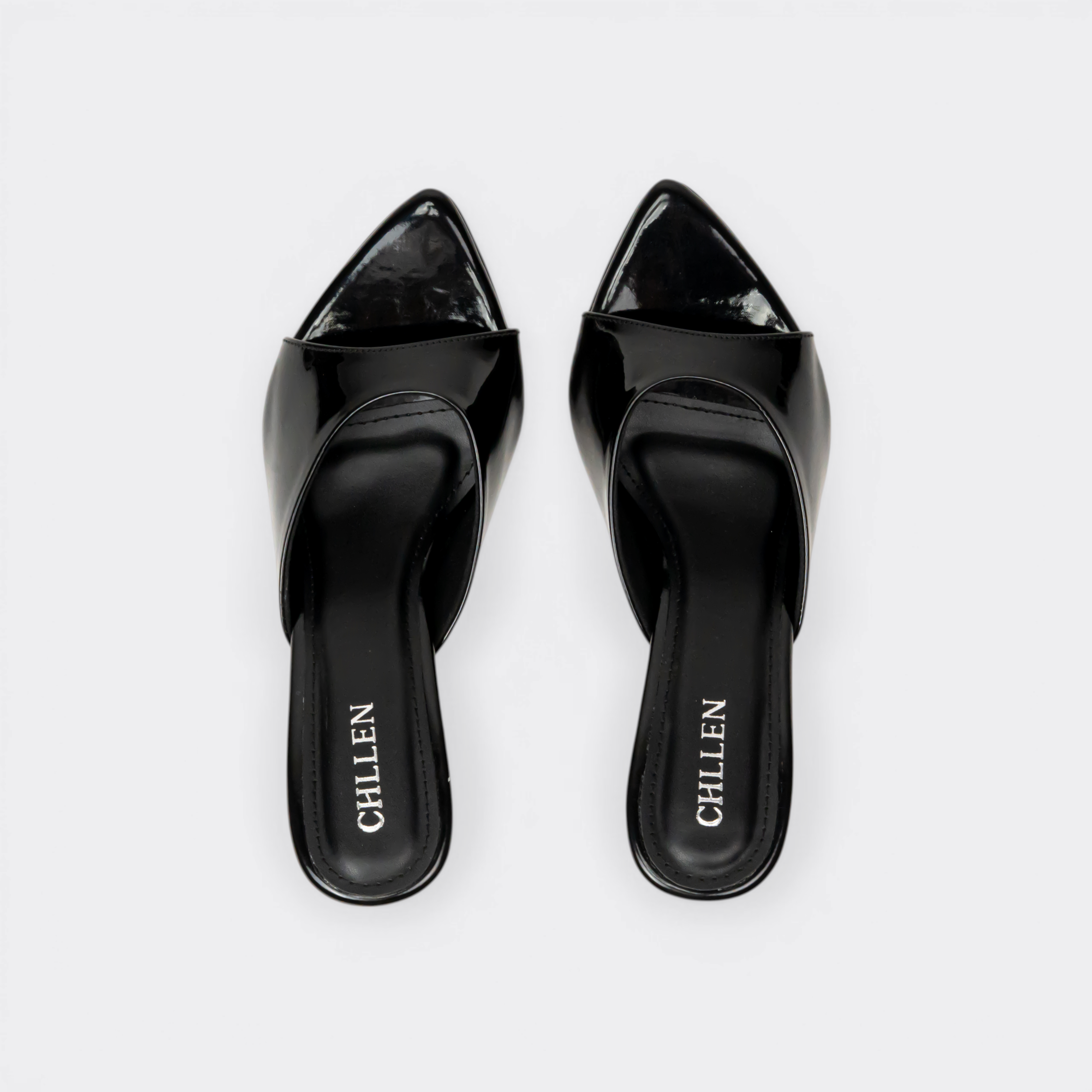 CHLLEN Noir Gloss Pointed Mule Heels
