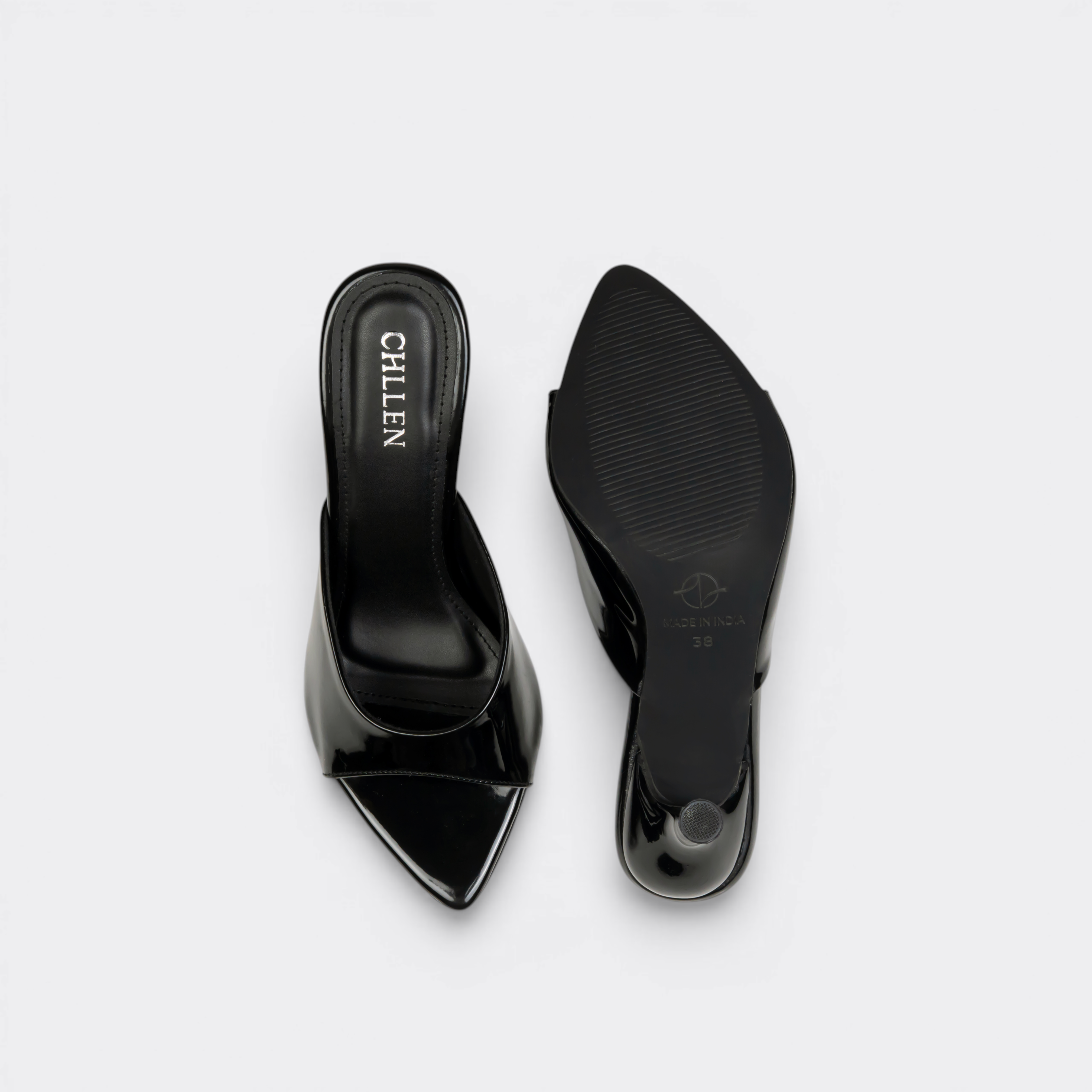 CHLLEN Noir Gloss Pointed Mule Heels