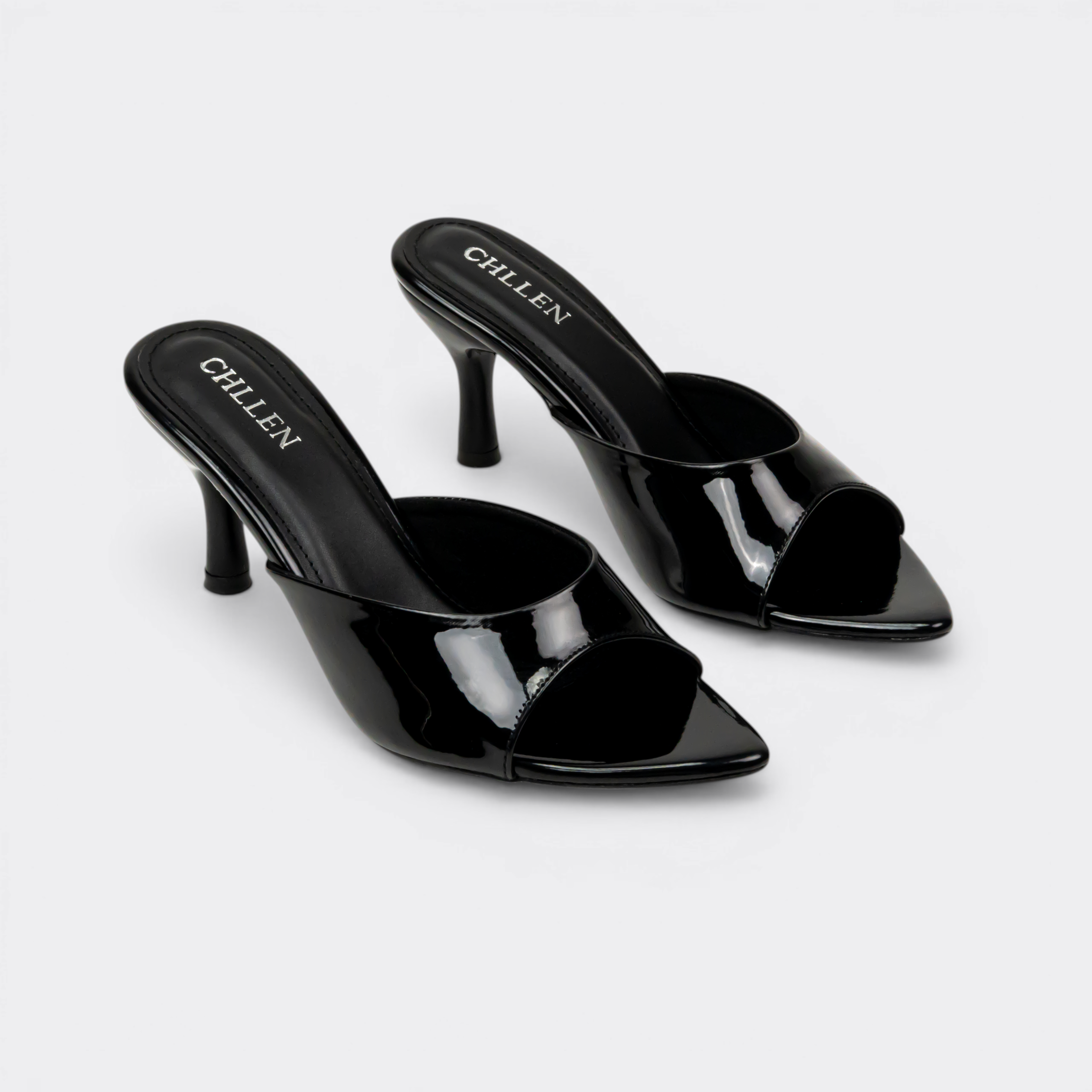 CHLLEN Noir Gloss Pointed Mule Heels