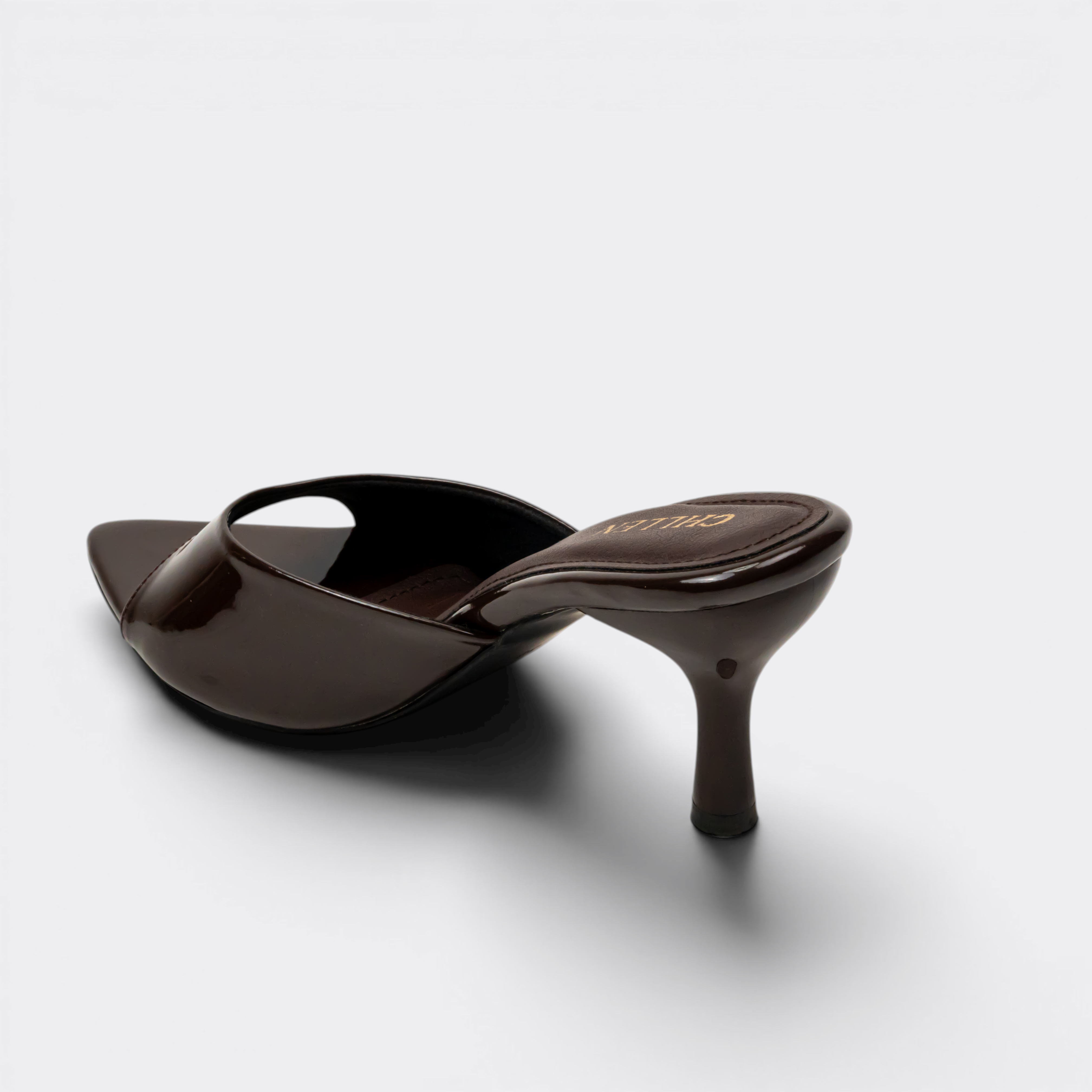 CHLLEN Cocoa Gloss Pointed Mule Heels