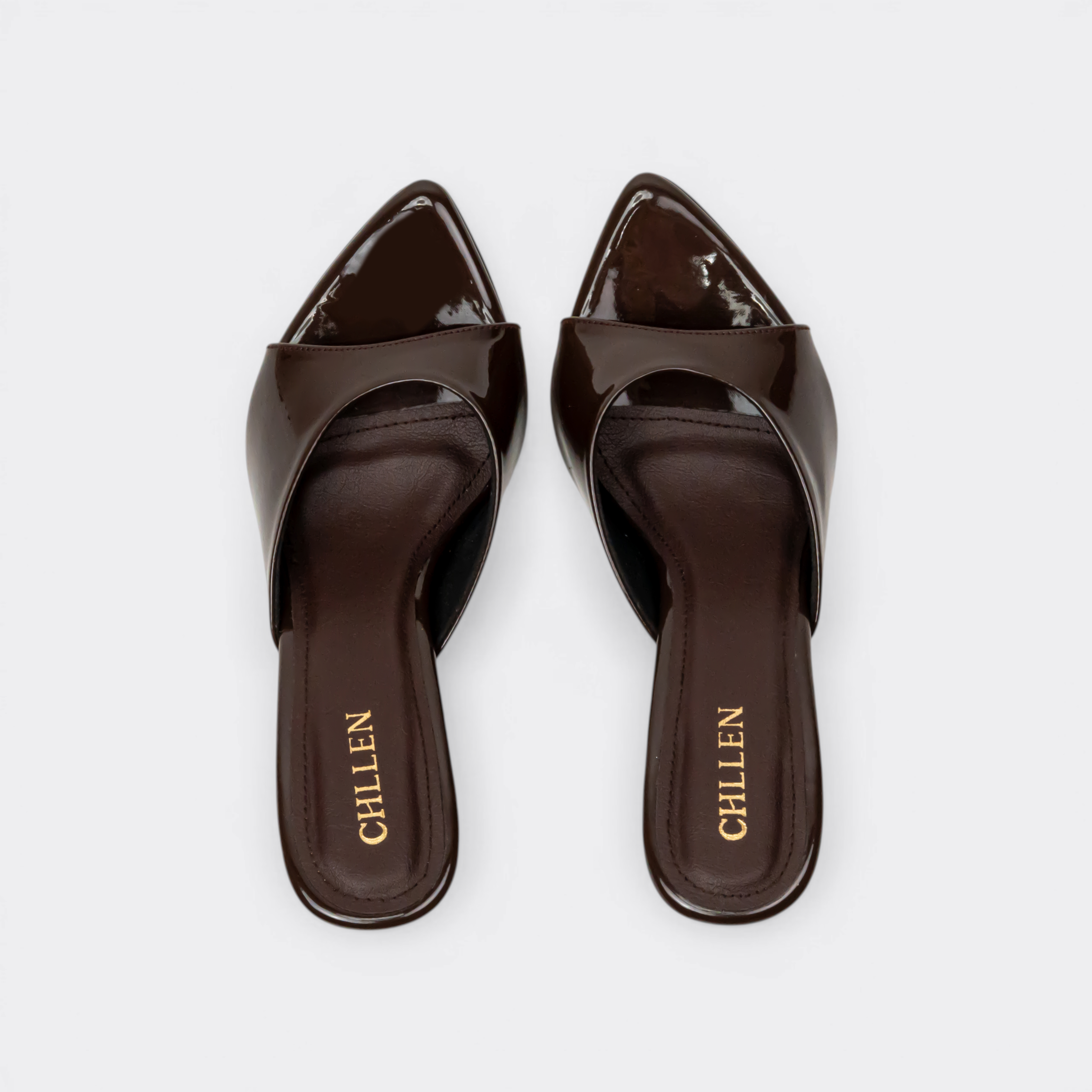 CHLLEN Cocoa Gloss Pointed Mule Heels
