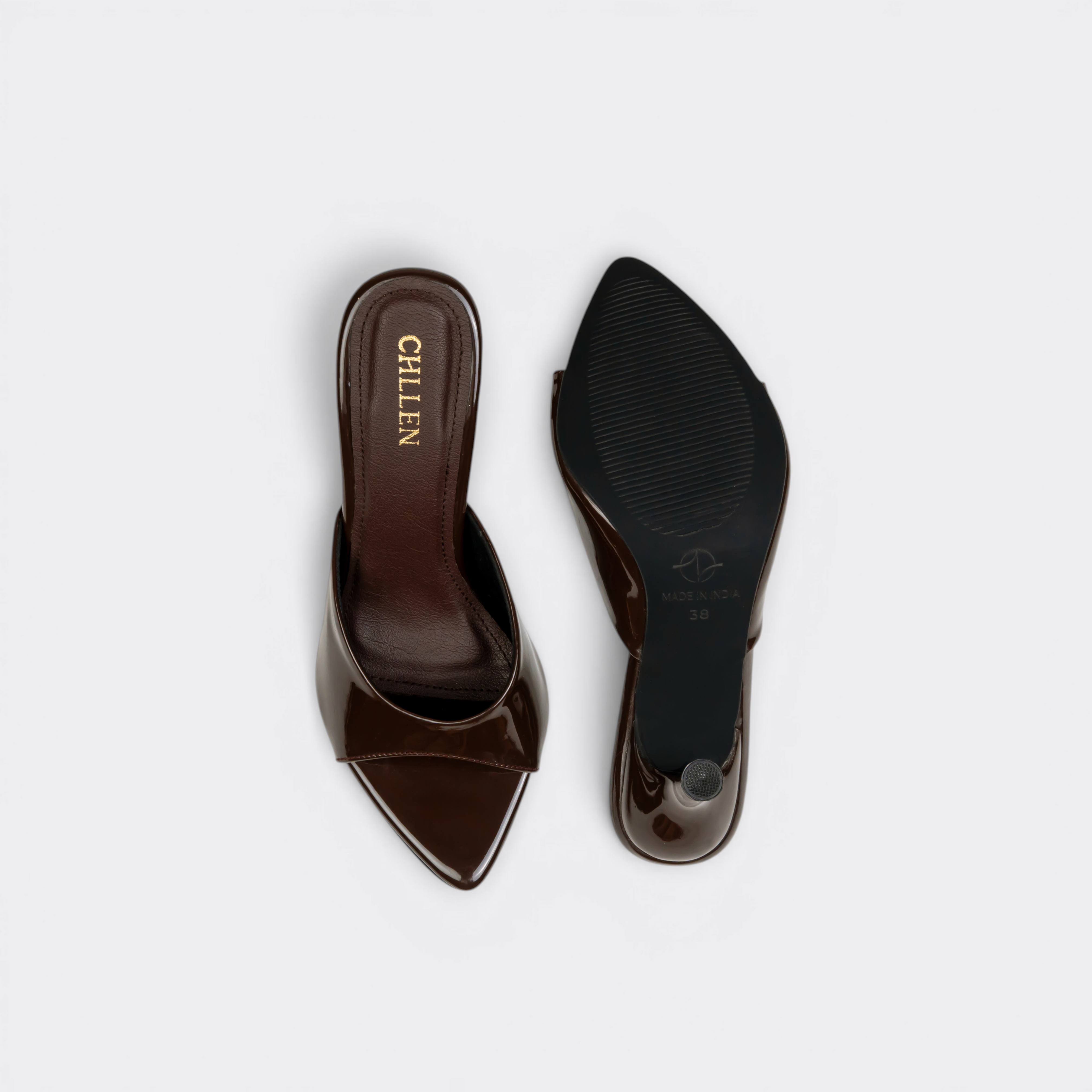 CHLLEN Cocoa Gloss Pointed Mule Heels