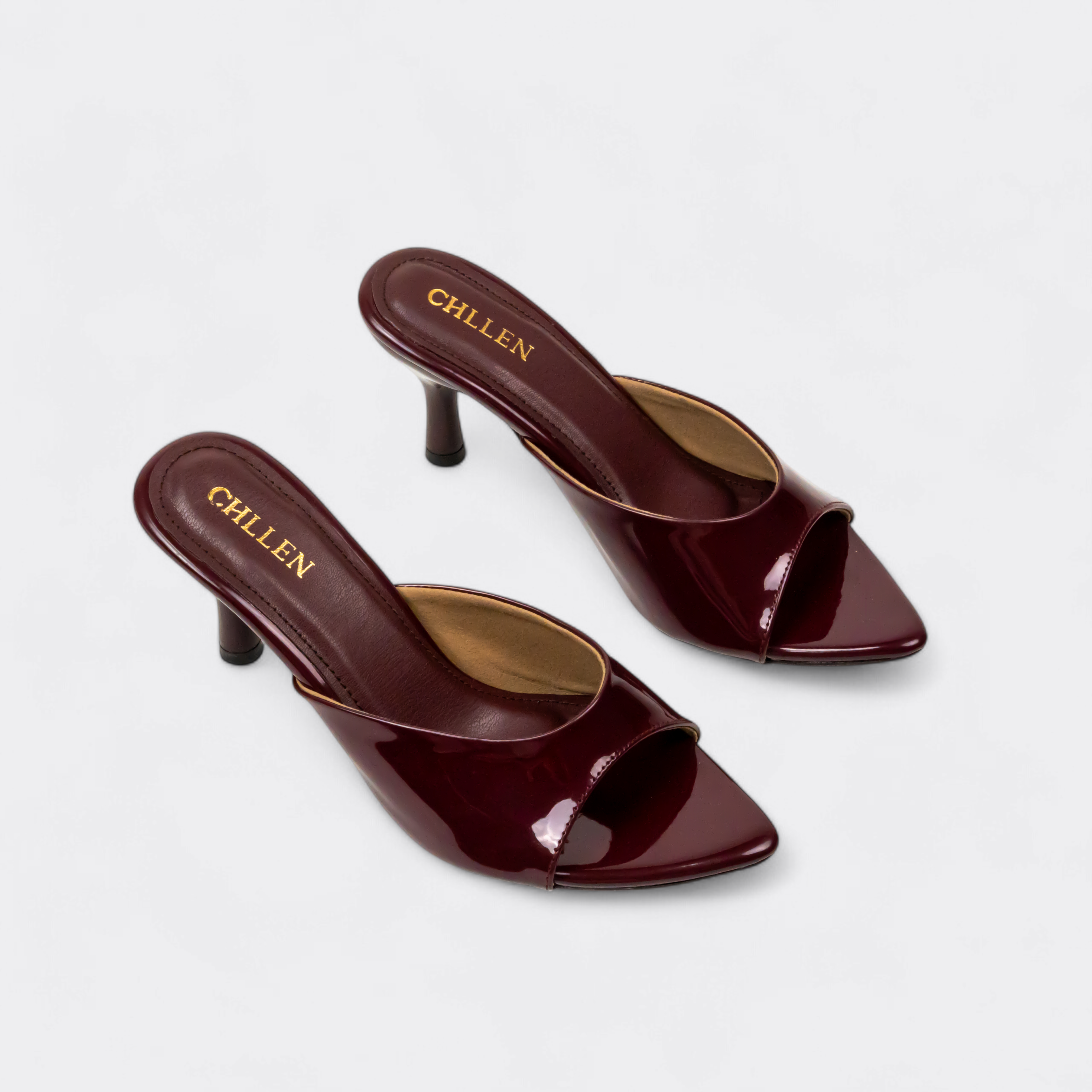 CHLLEN Burgundy Gloss Pointed Mule Heels