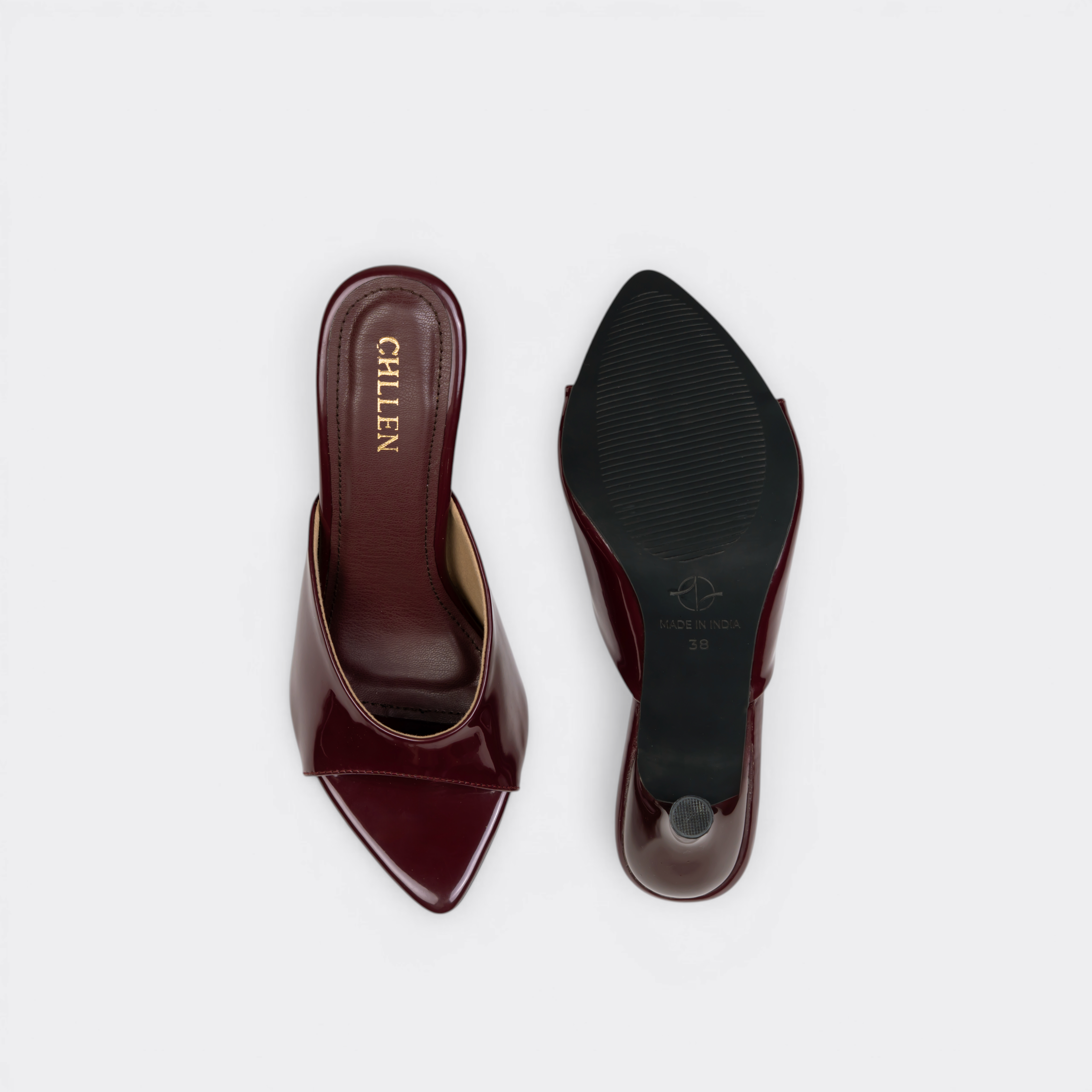 CHLLEN Burgundy Gloss Pointed Mule Heels