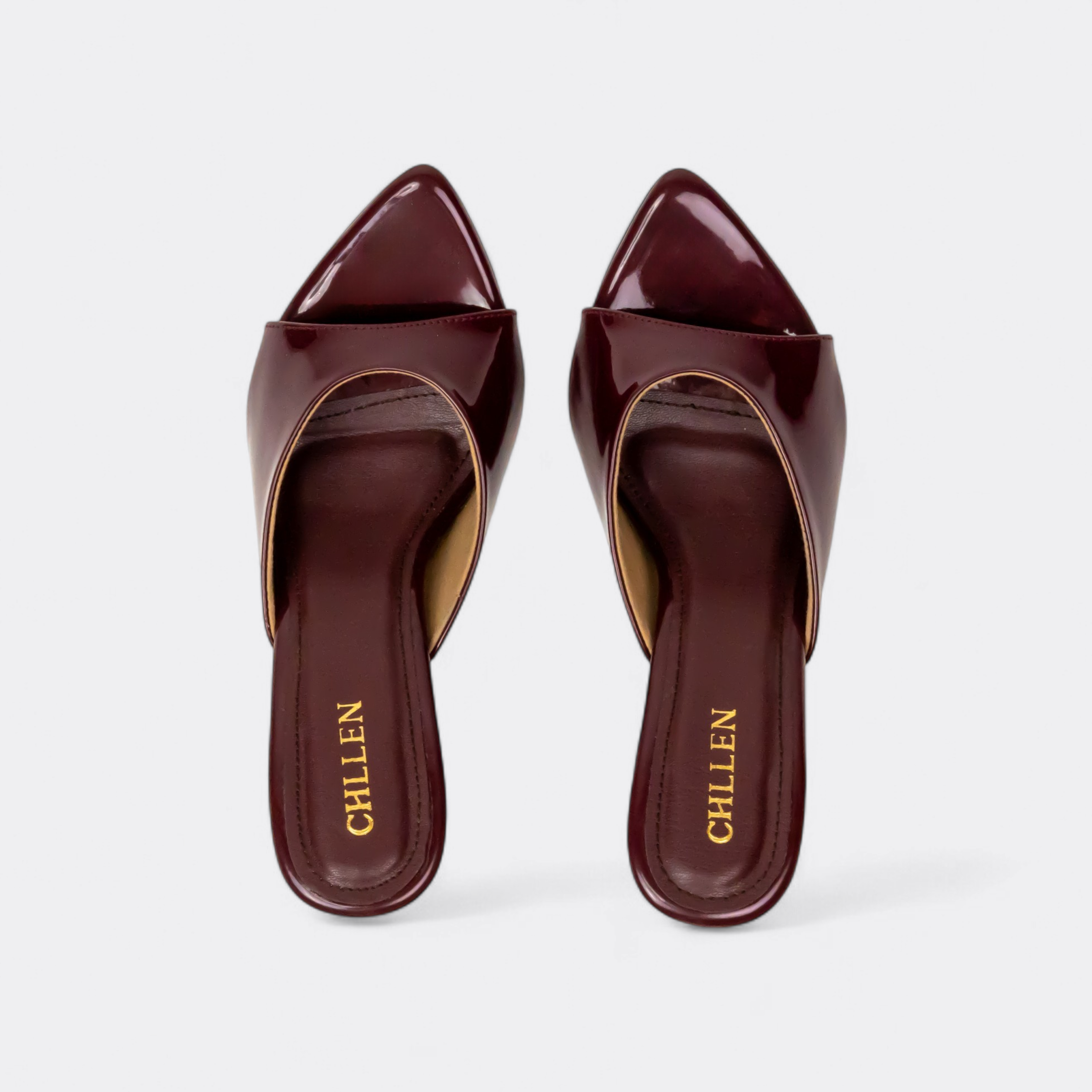 CHLLEN Burgundy Gloss Pointed Mule Heels