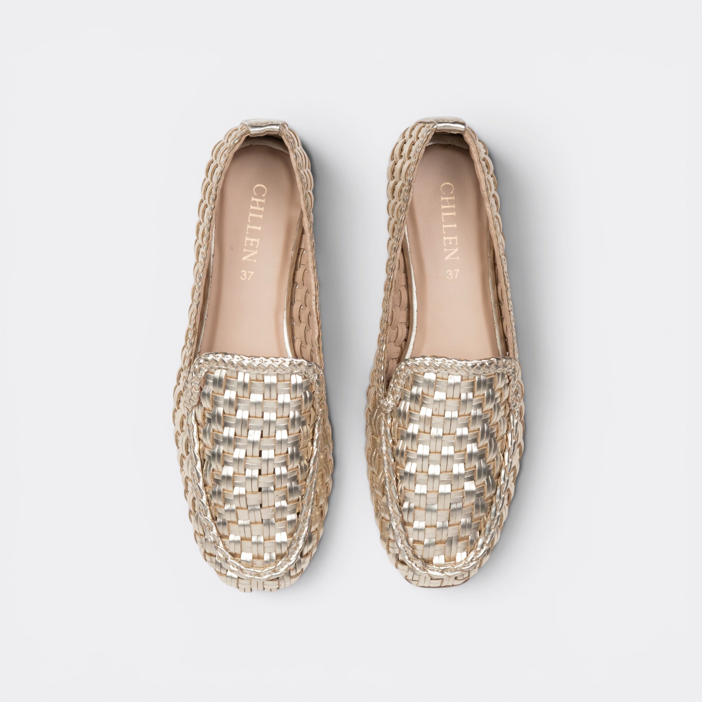 CHLLEN Celeste Woven Metallic Loafer Flats – Champagne Gold