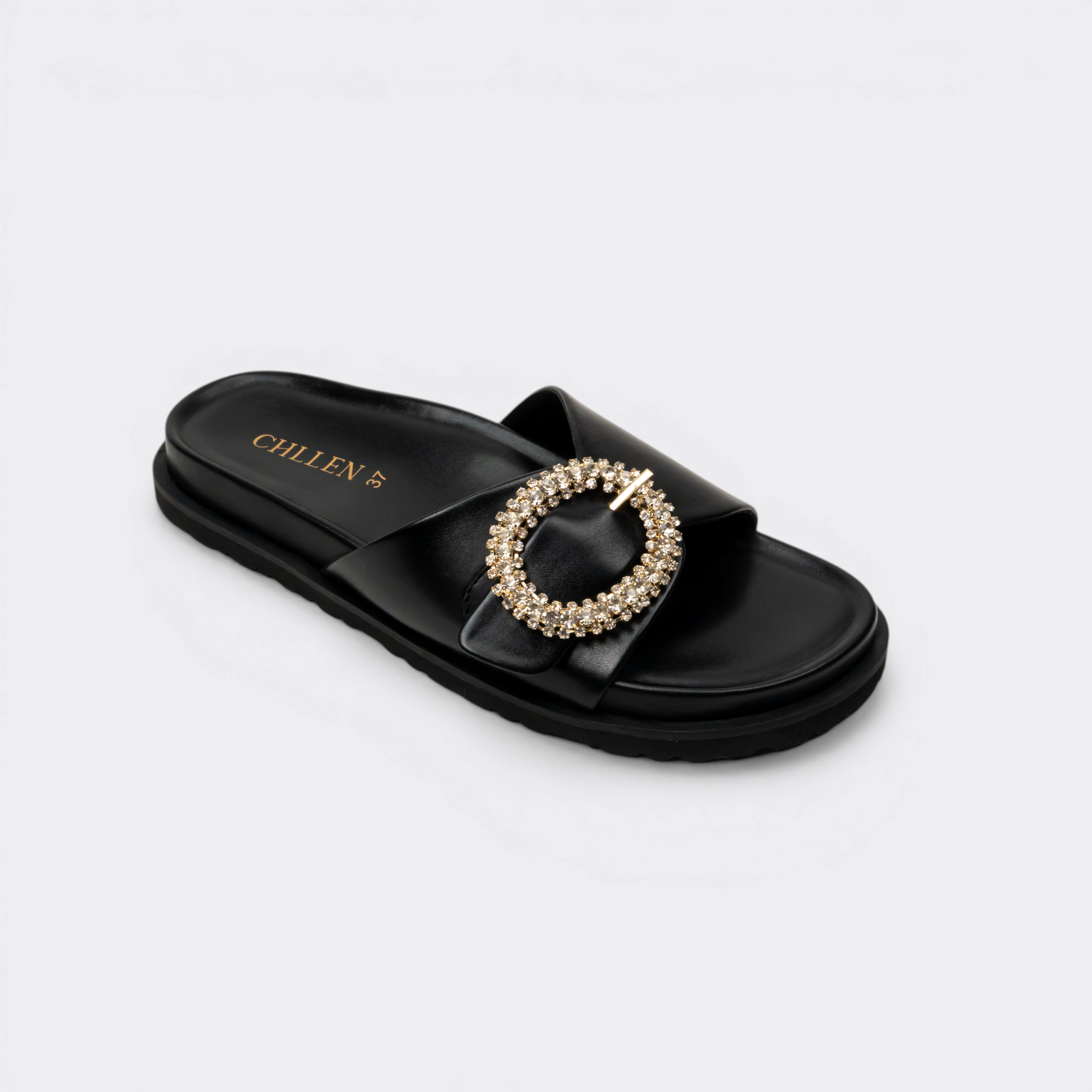 CHLLEN Black Opal Studded Slide Flats