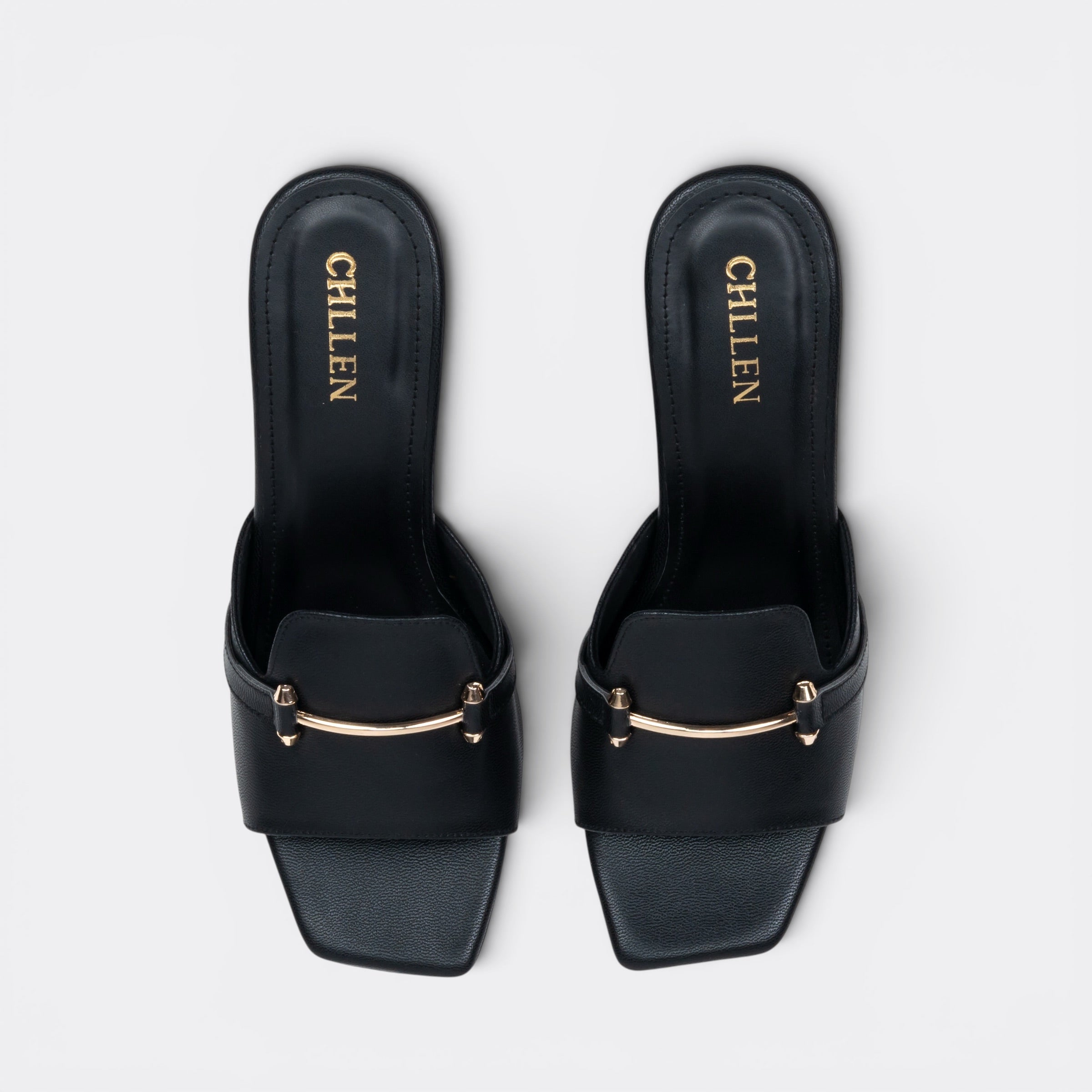 CHLLEN Black Metal Accent Strap Heels