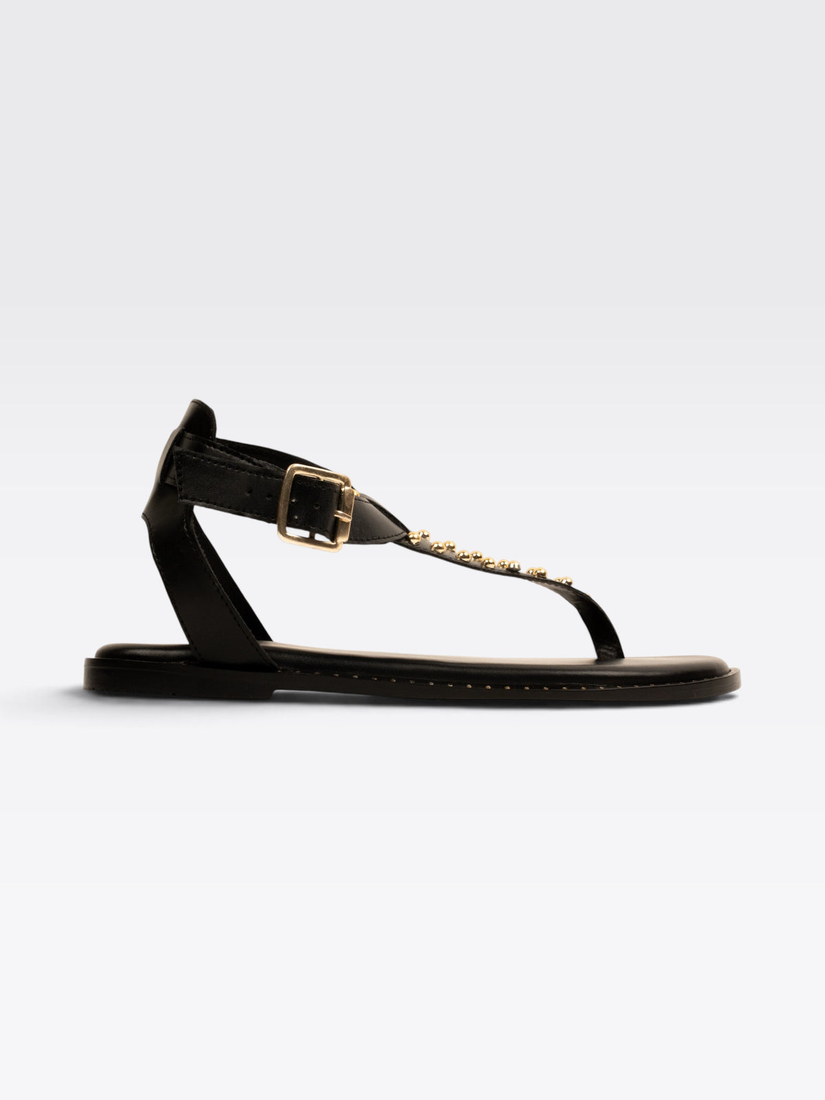 CHLLEN Black Studded Toe-Loop Flat Sandals with Ankle Buckle