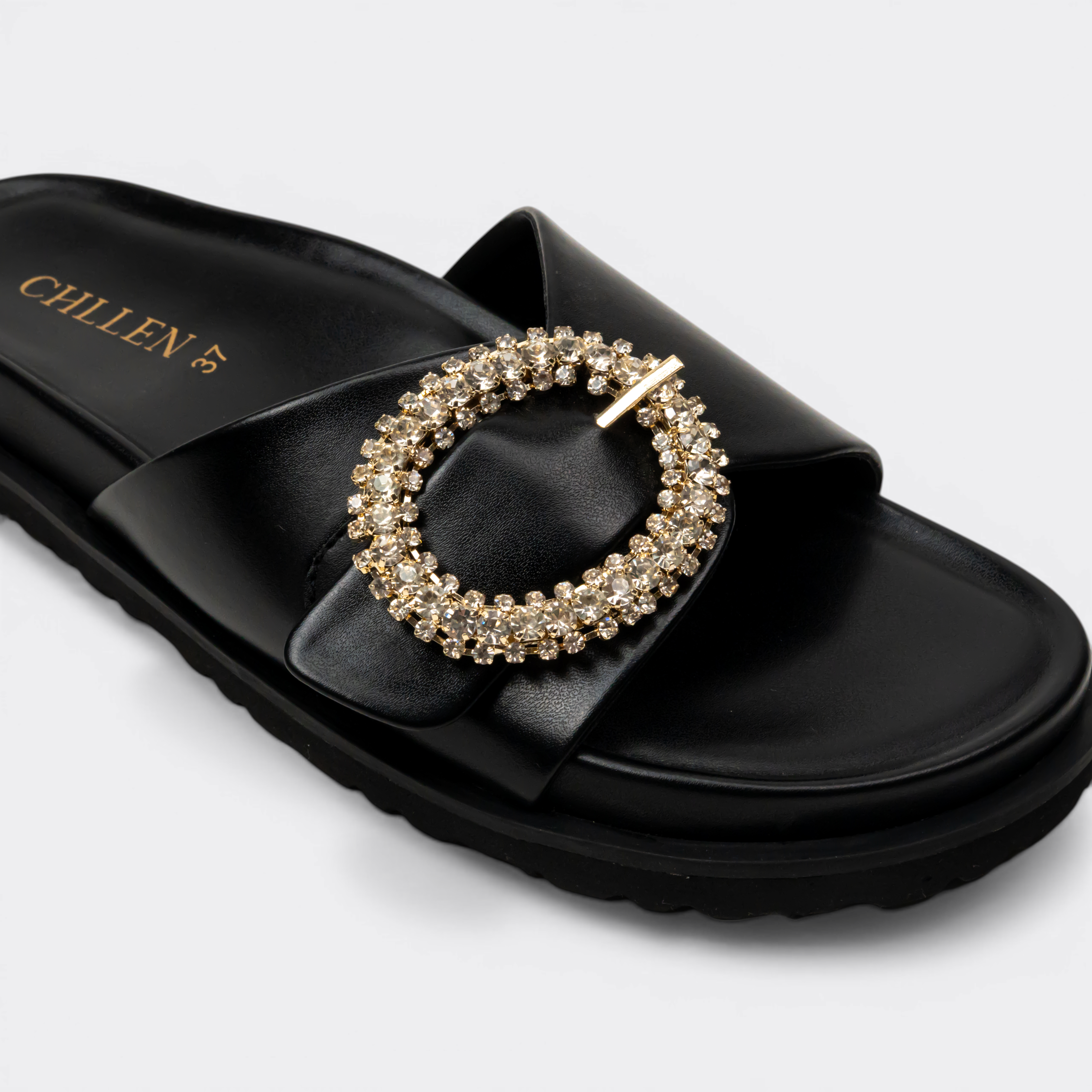CHLLEN Black Opal Studded Slide Flats