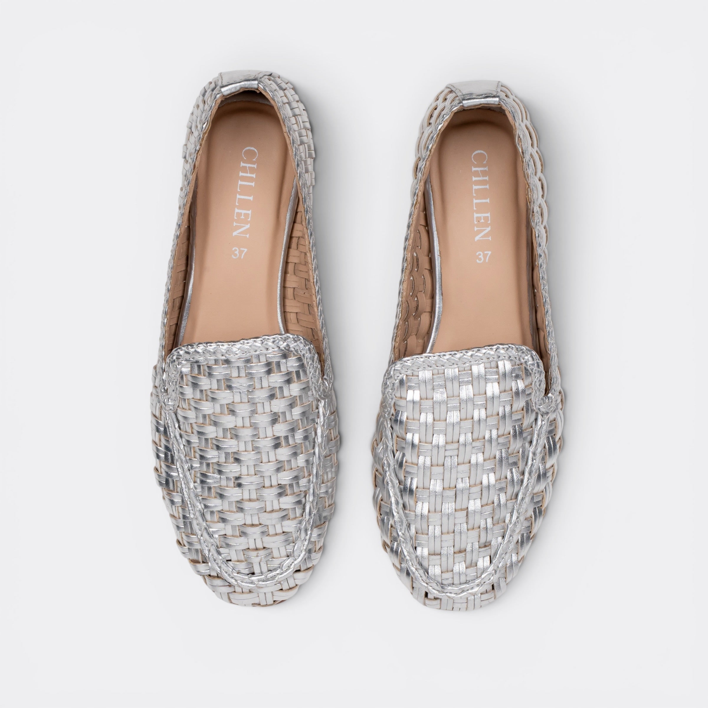 CHLLEN Celeste Woven Metallic Loafer Flats – Silver